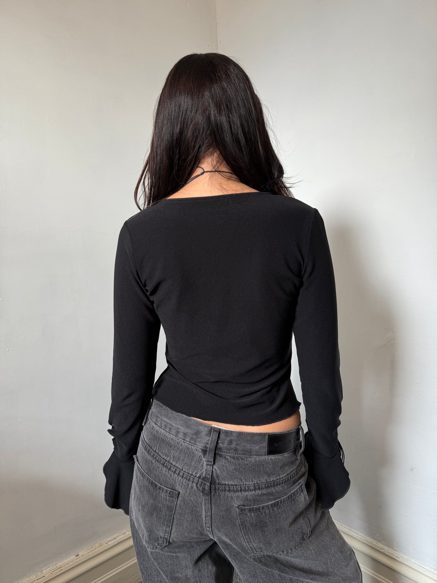 Black Asymmetrical Bell Sleeve Unique Long Sleeve Top - Size 8/10