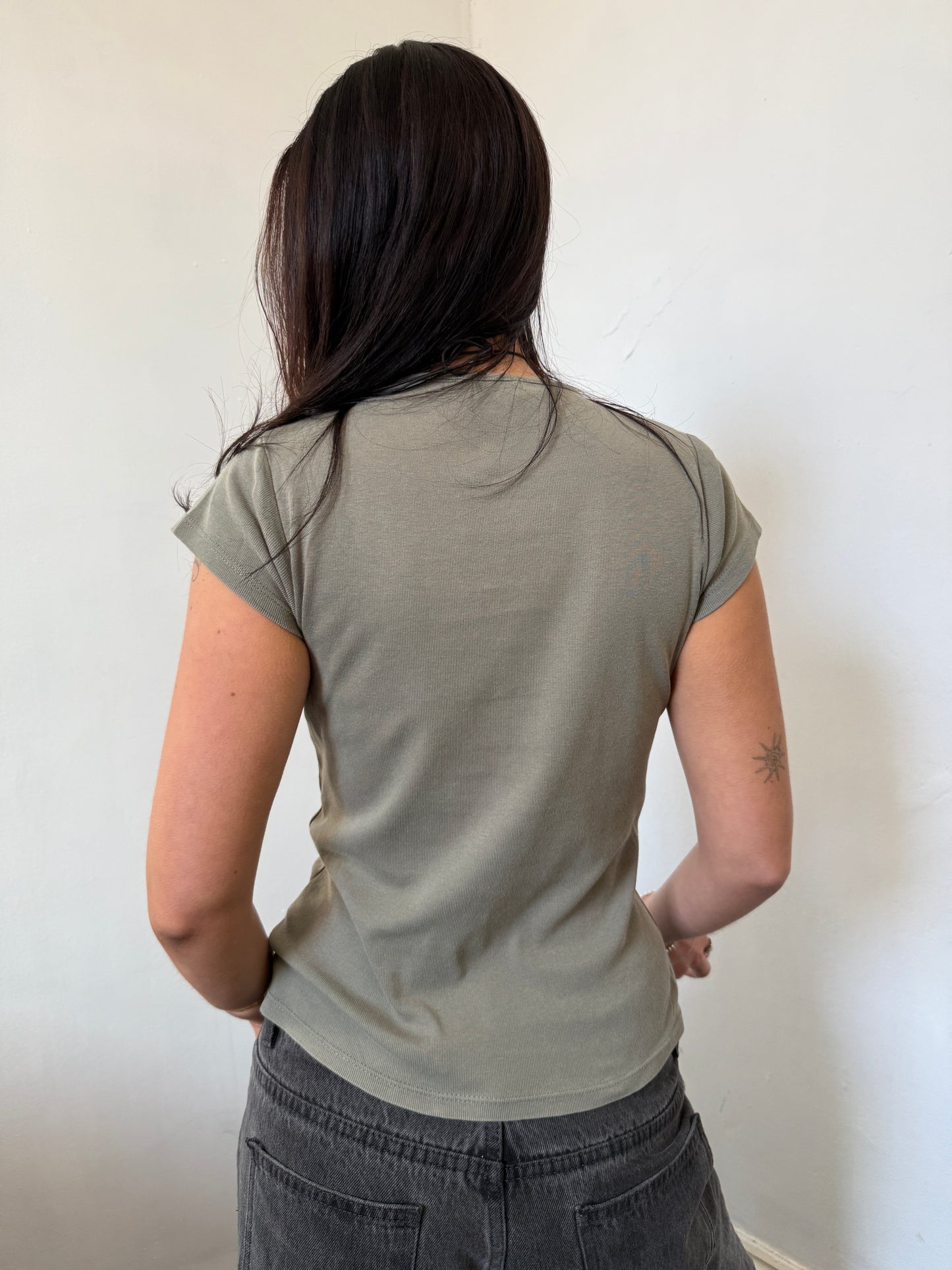 Khaki Green Graphic Baby Tee - Size Extra Small
