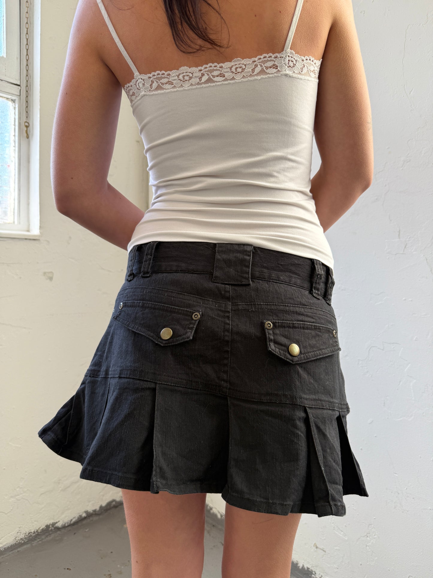 Black Denim Pleated Mini Skirt - Size Small