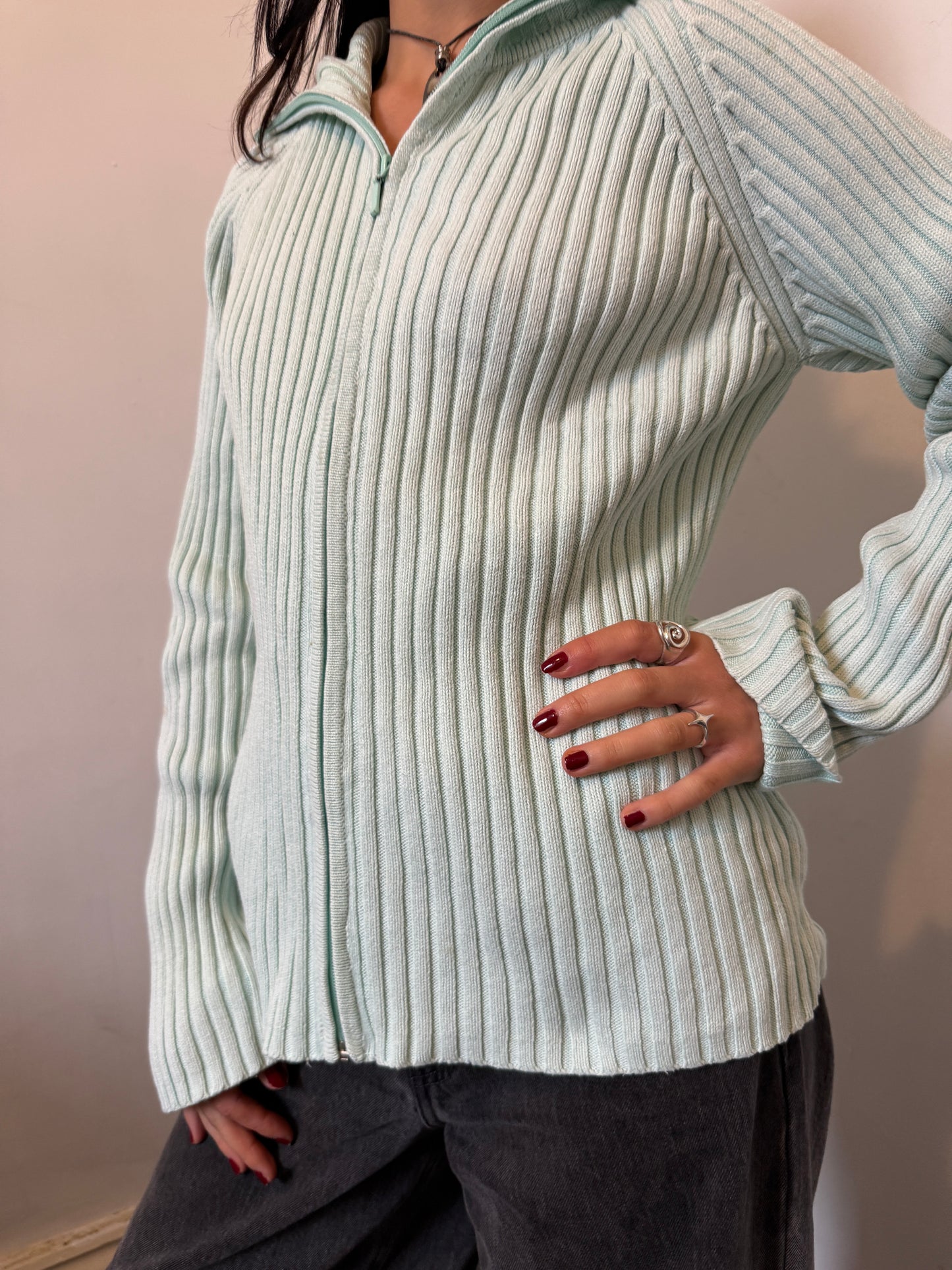 Teal Aquamarine Ribbed Knitted Zip Up Jumper - Size Extra-Large