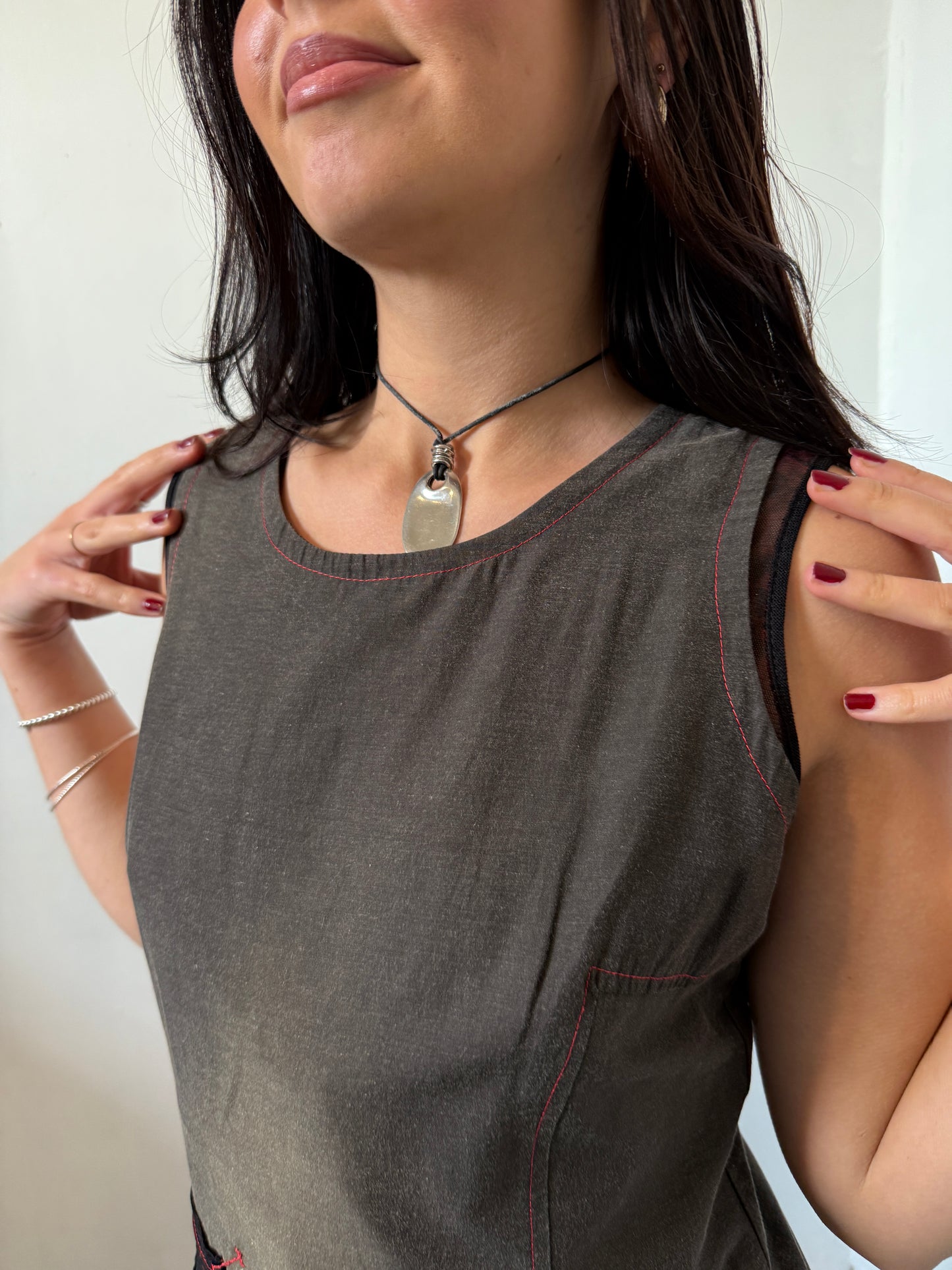 Asymmetrical Dark Khaki Washed Red Stitching Top - Size Medium