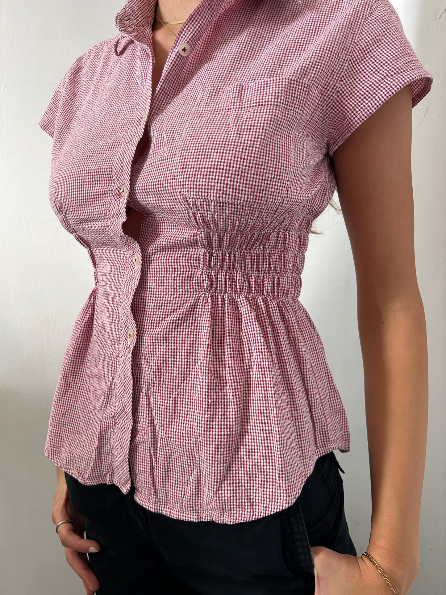 Red White Gingham Reworked Button Up Shirt - Size Small