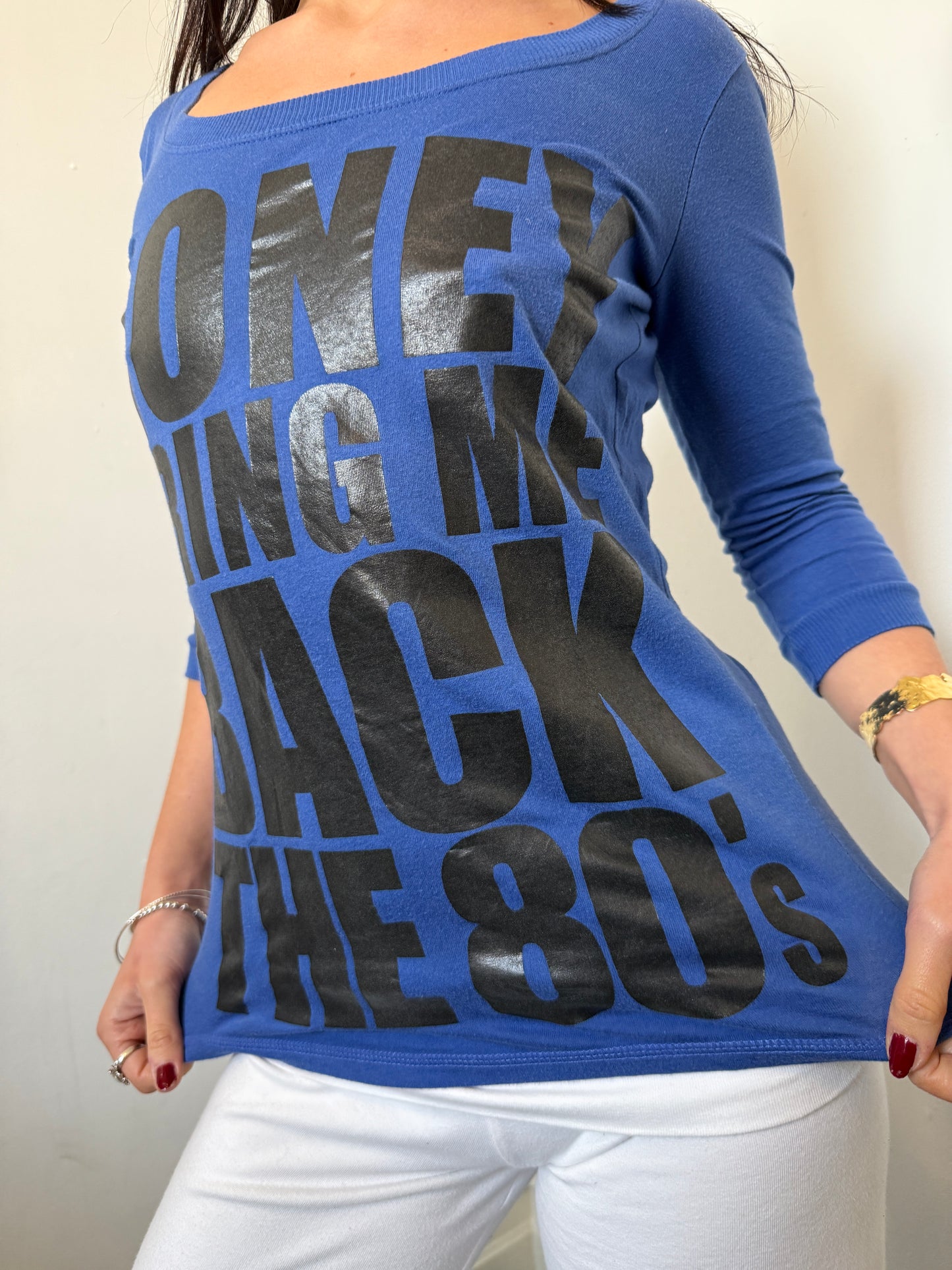 Blue Black 3/4 Length Graphic Top - Size Medium
