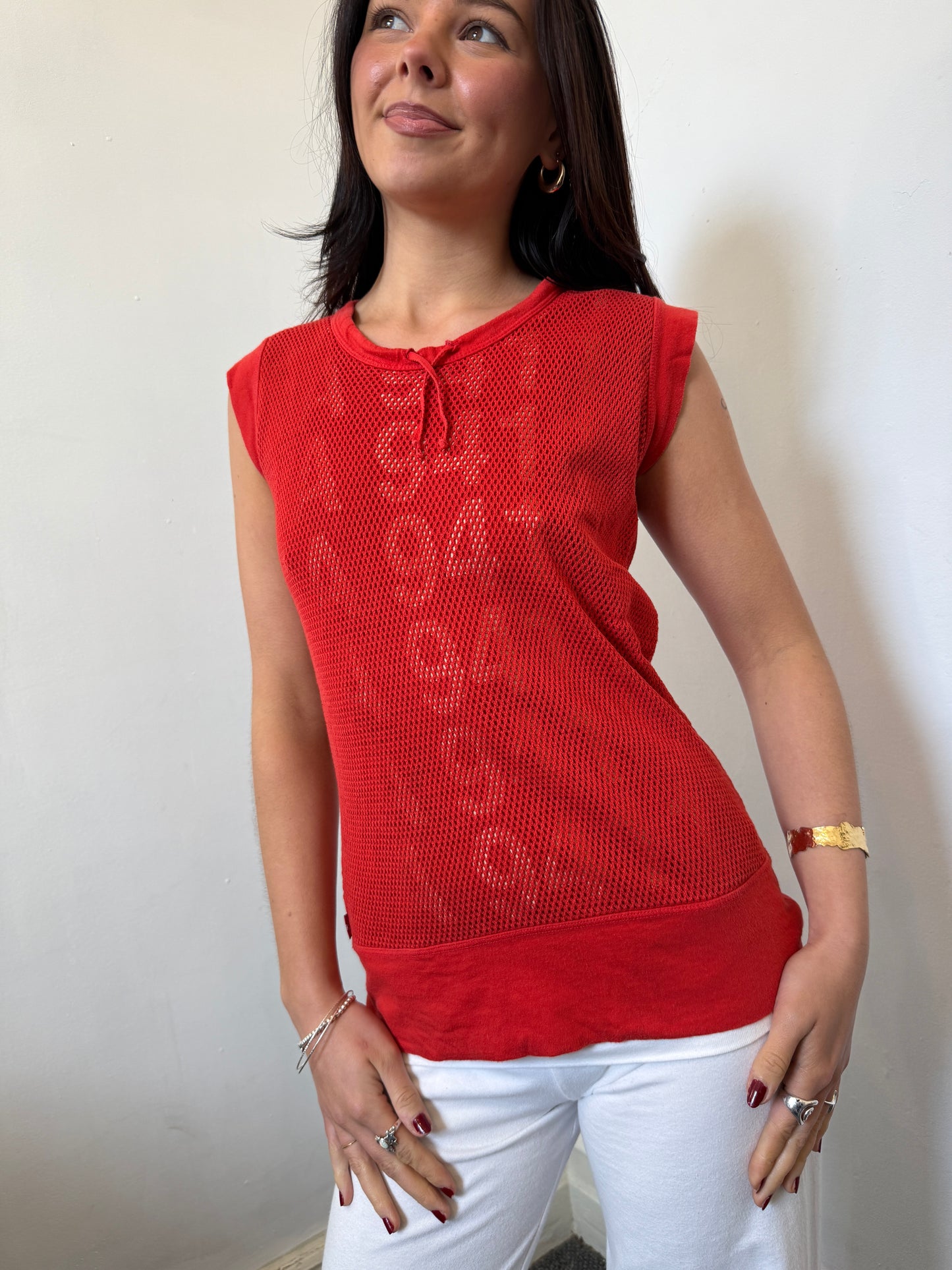Red Levis Mesh Print Long Top - Size Extra Small