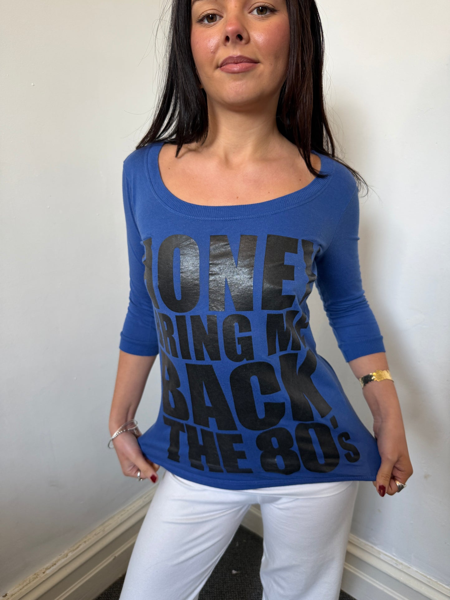 Blue Black 3/4 Length Graphic Top - Size Medium