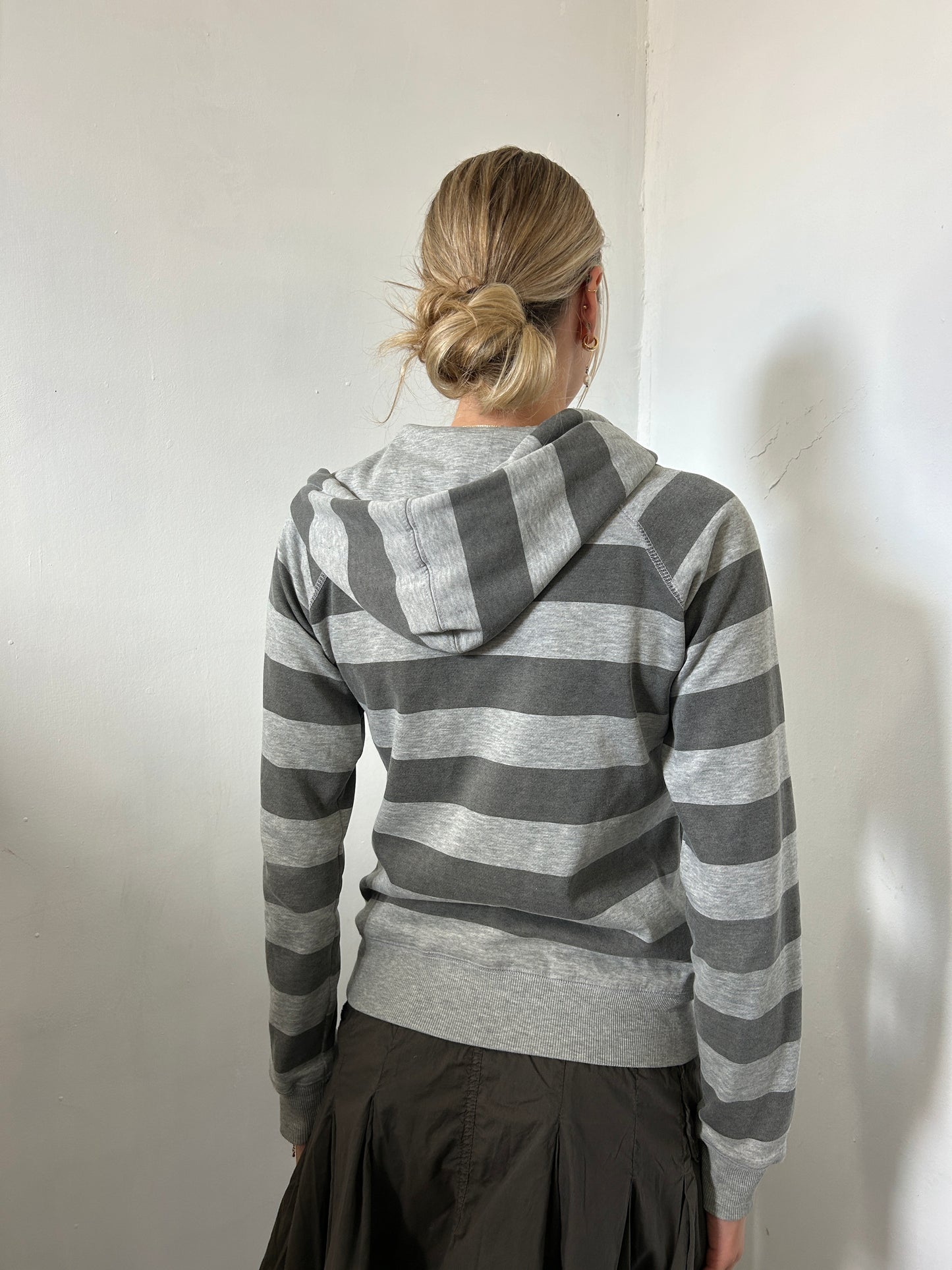 Grey Striped Zip Up Hoodie - Size Small