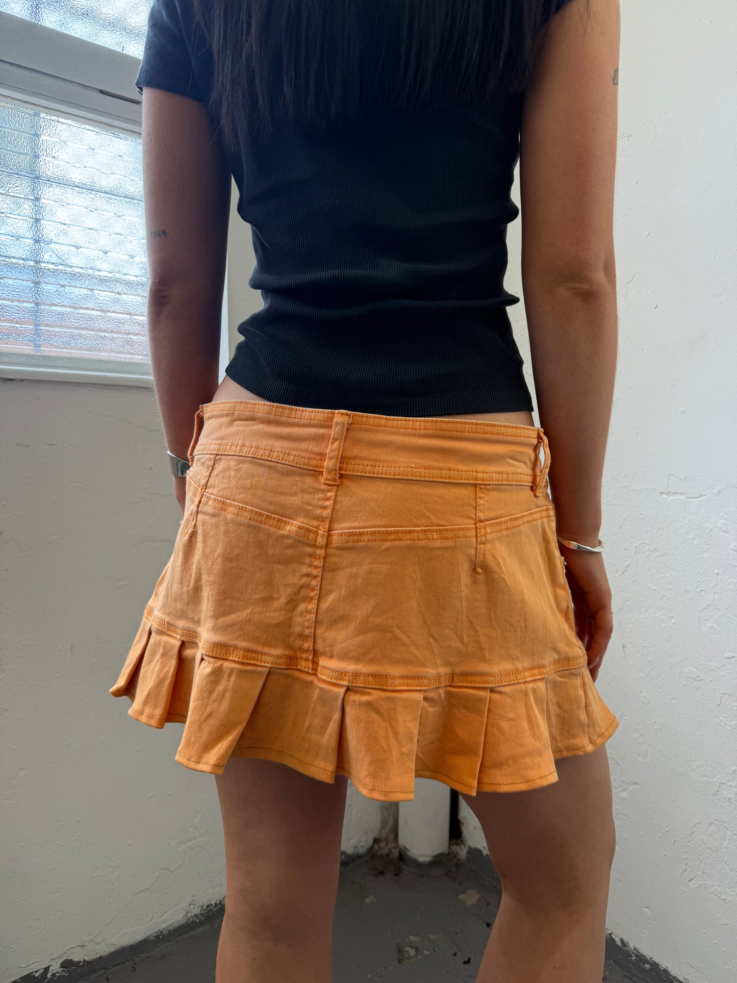 Orange Denim Pleated Mini Skirt - Size Medium/Large