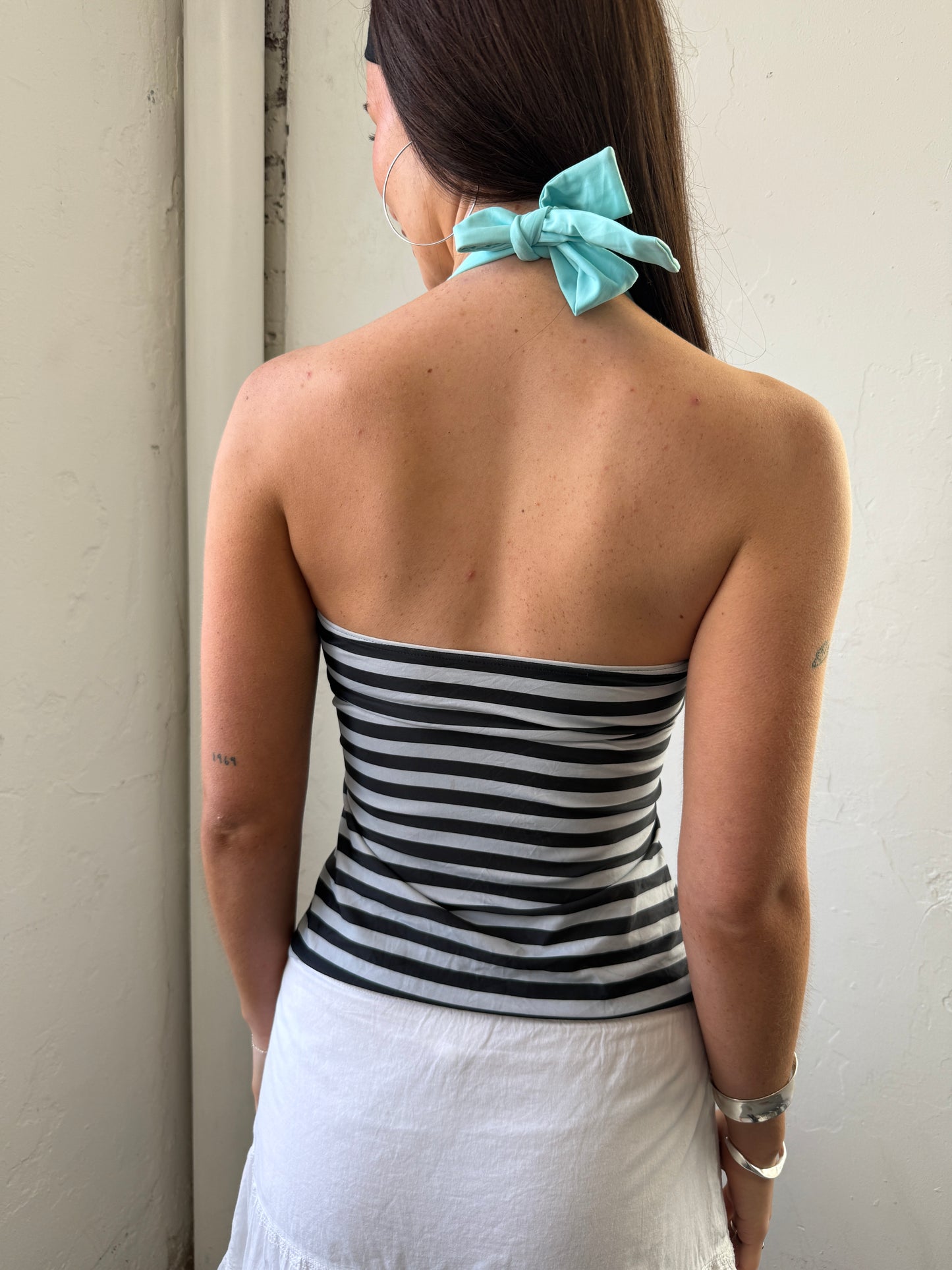 Black Grey Blue Striped Halter Neck Top - Size Small