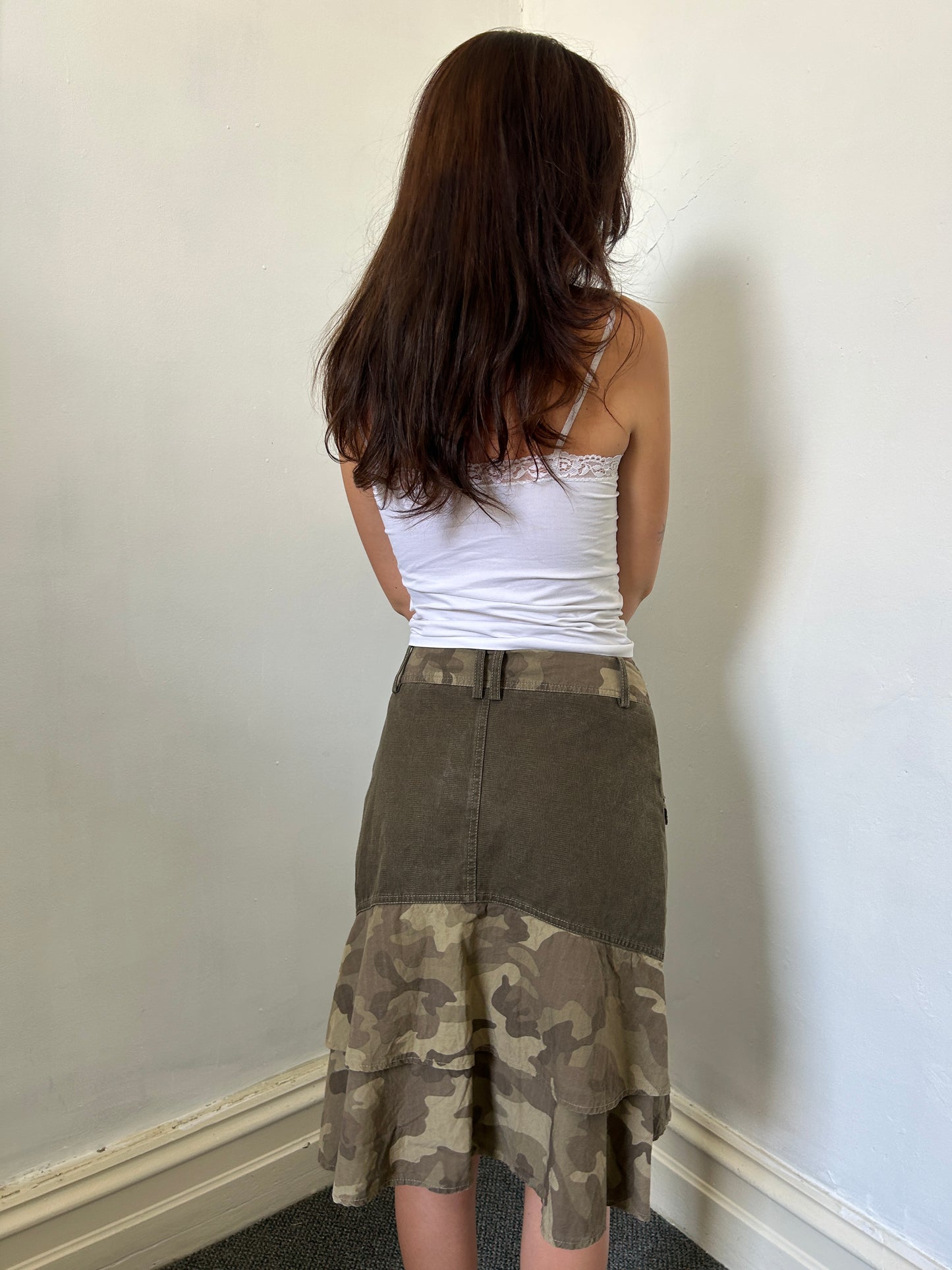Khaki Green Midi Camo Skirt - Size 8