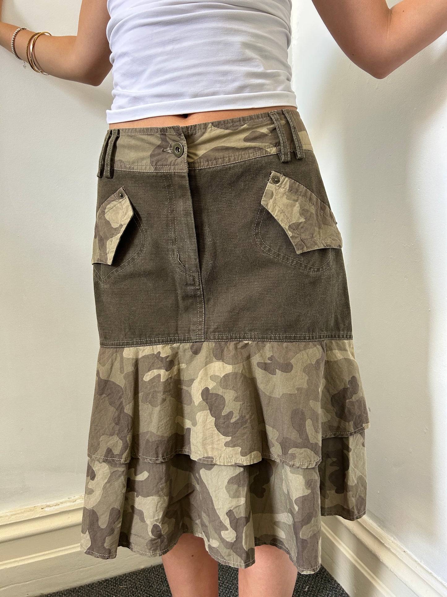 Khaki Green Midi Camo Skirt - Size 8