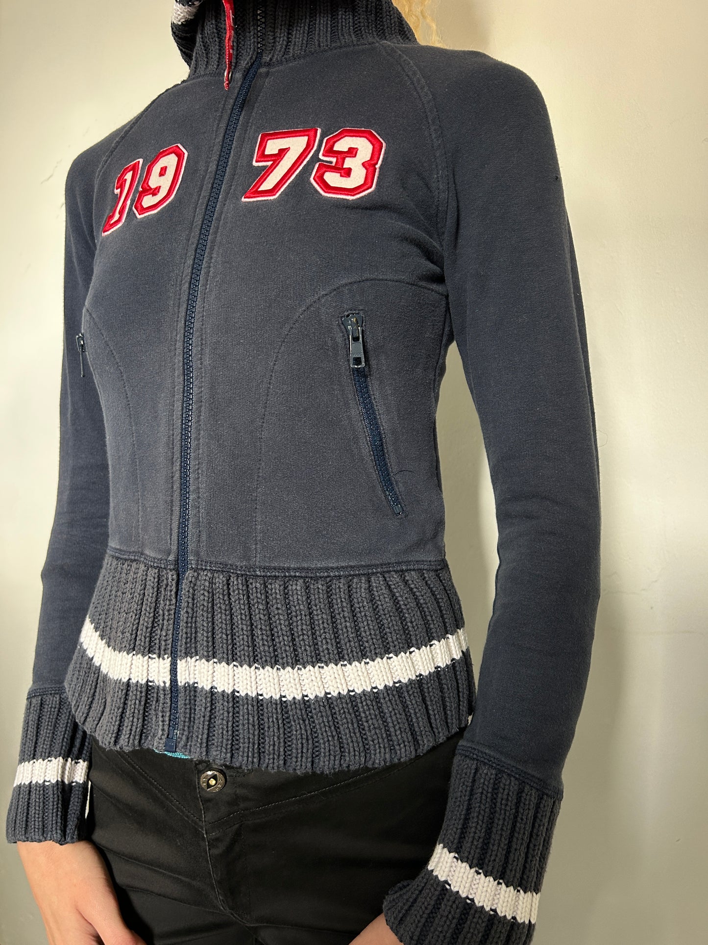 Navy Red White Zip Up Jumper - Size Extra-Small