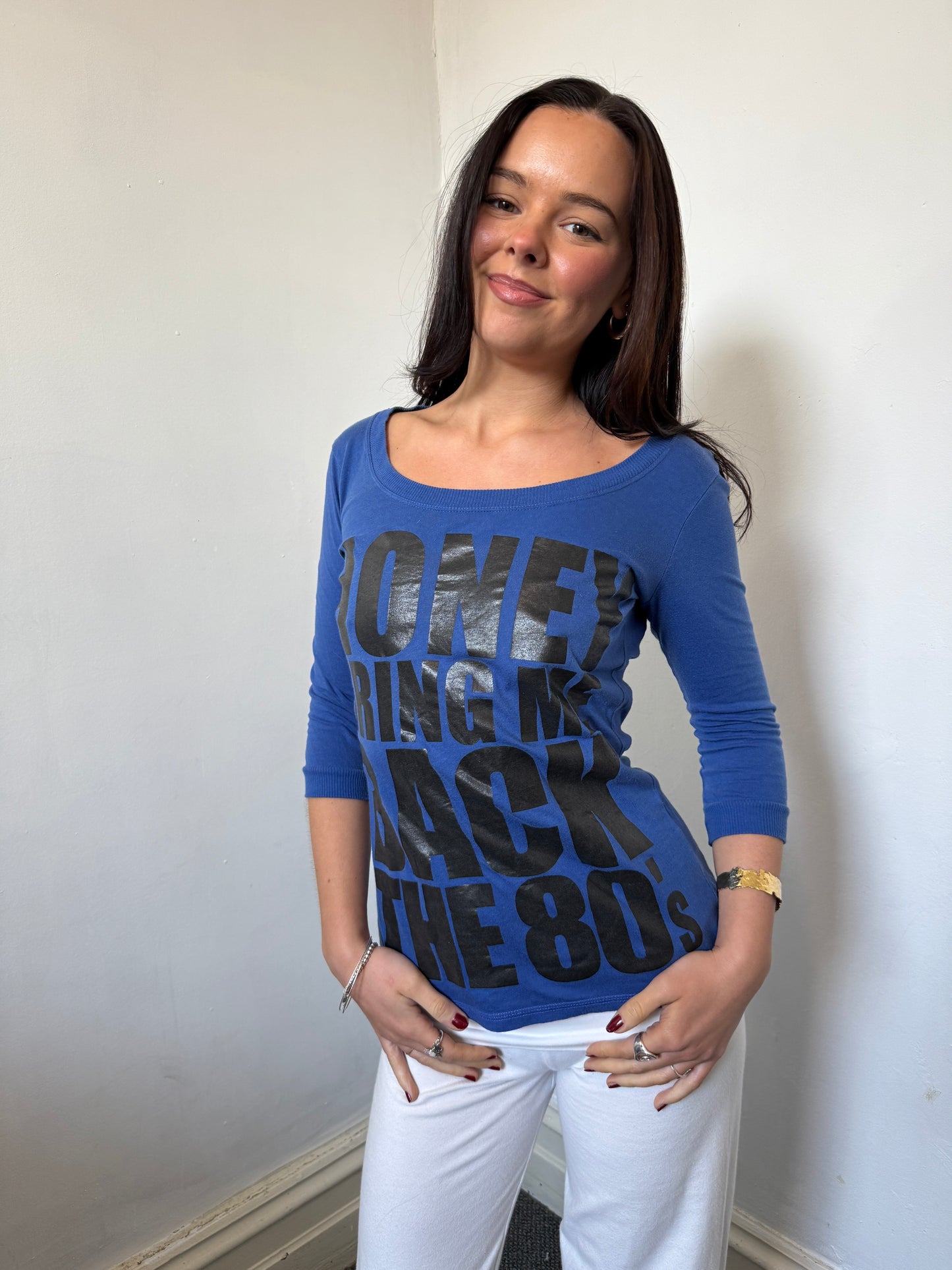 Blue Black 3/4 Length Graphic Top - Size Medium