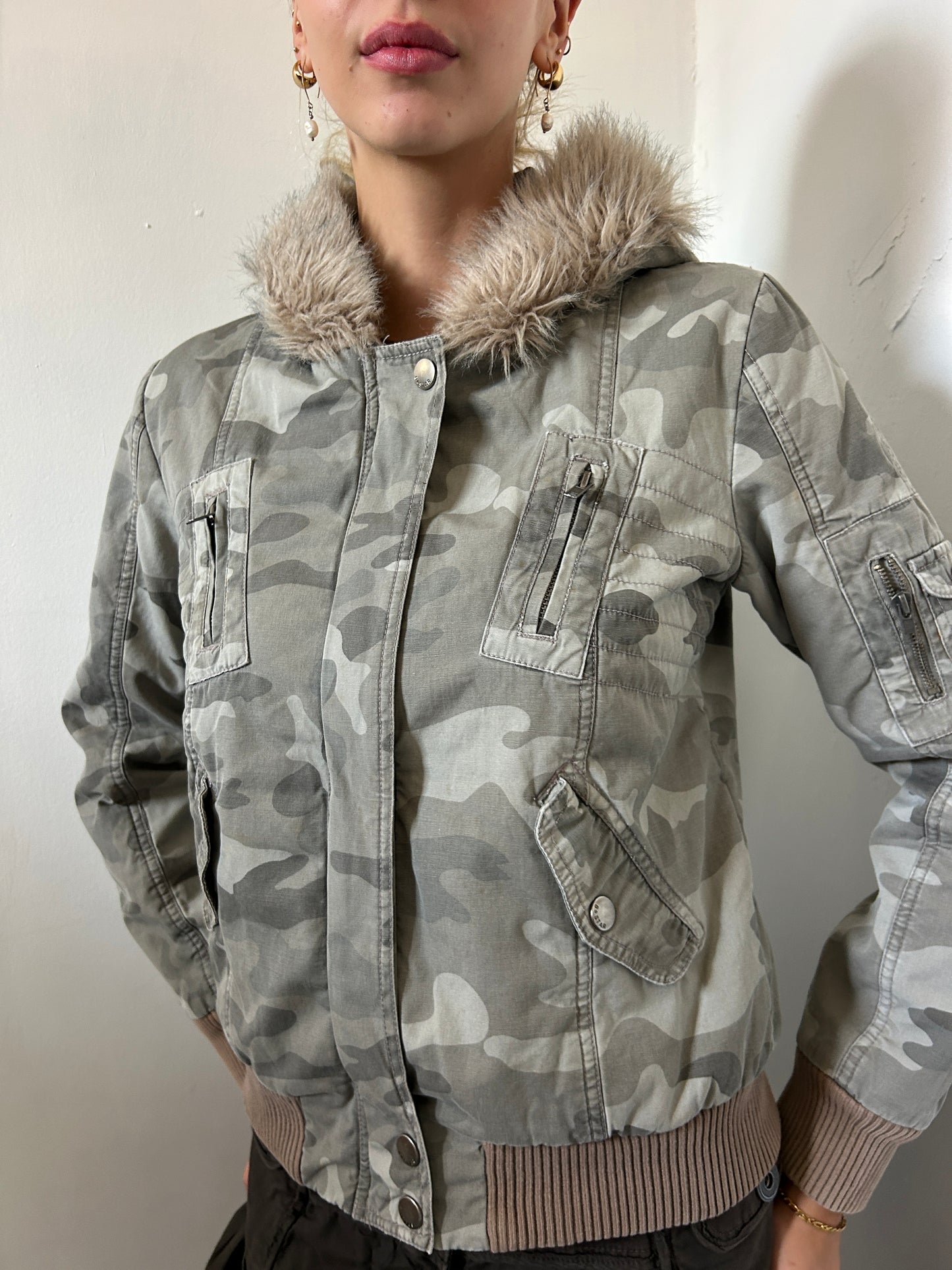 Camo Green Khaki Jacket w Faux Fur Hood - Size 10