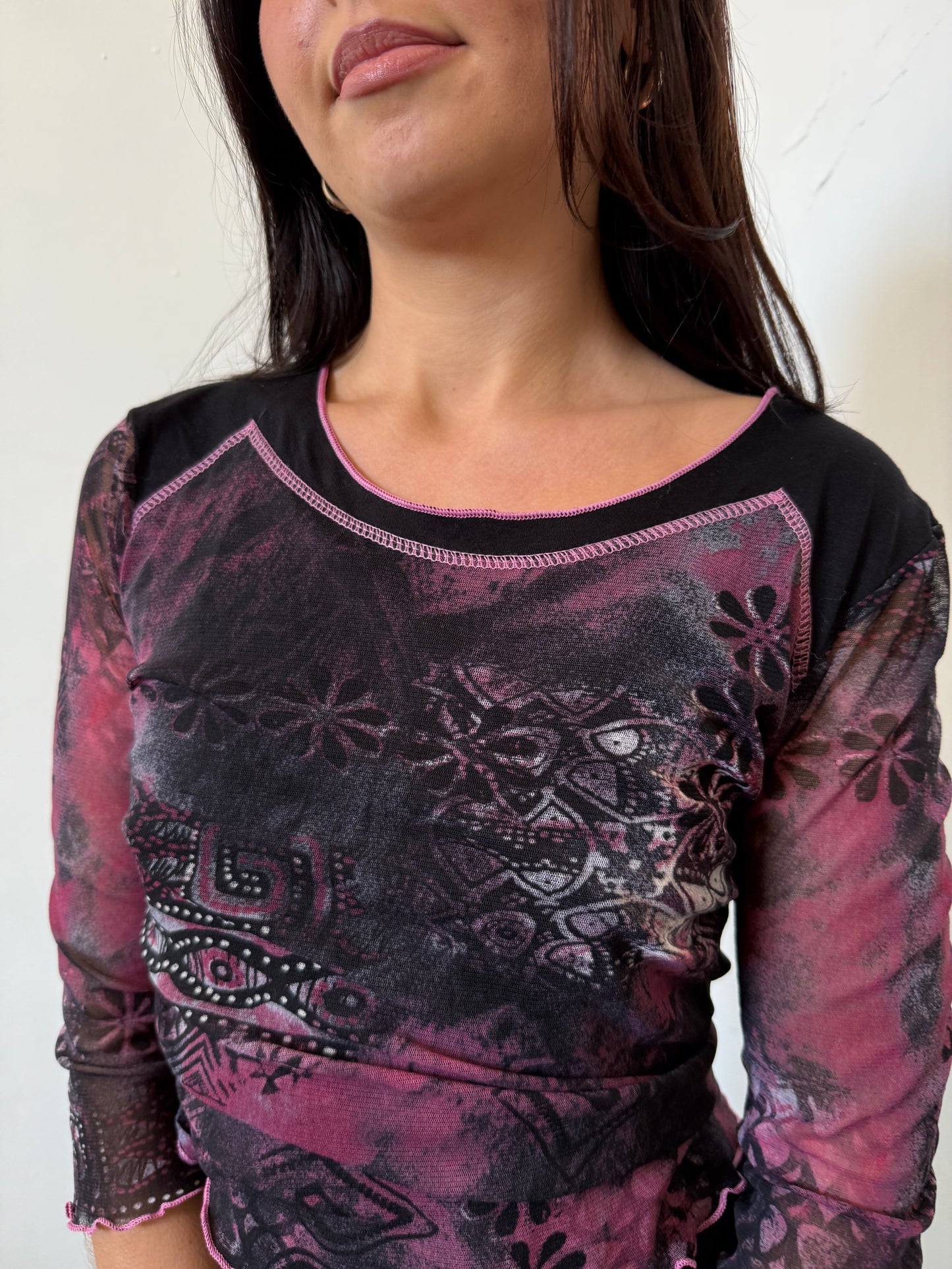 Pink Black 3/4 Length Mesh Top - Size Small