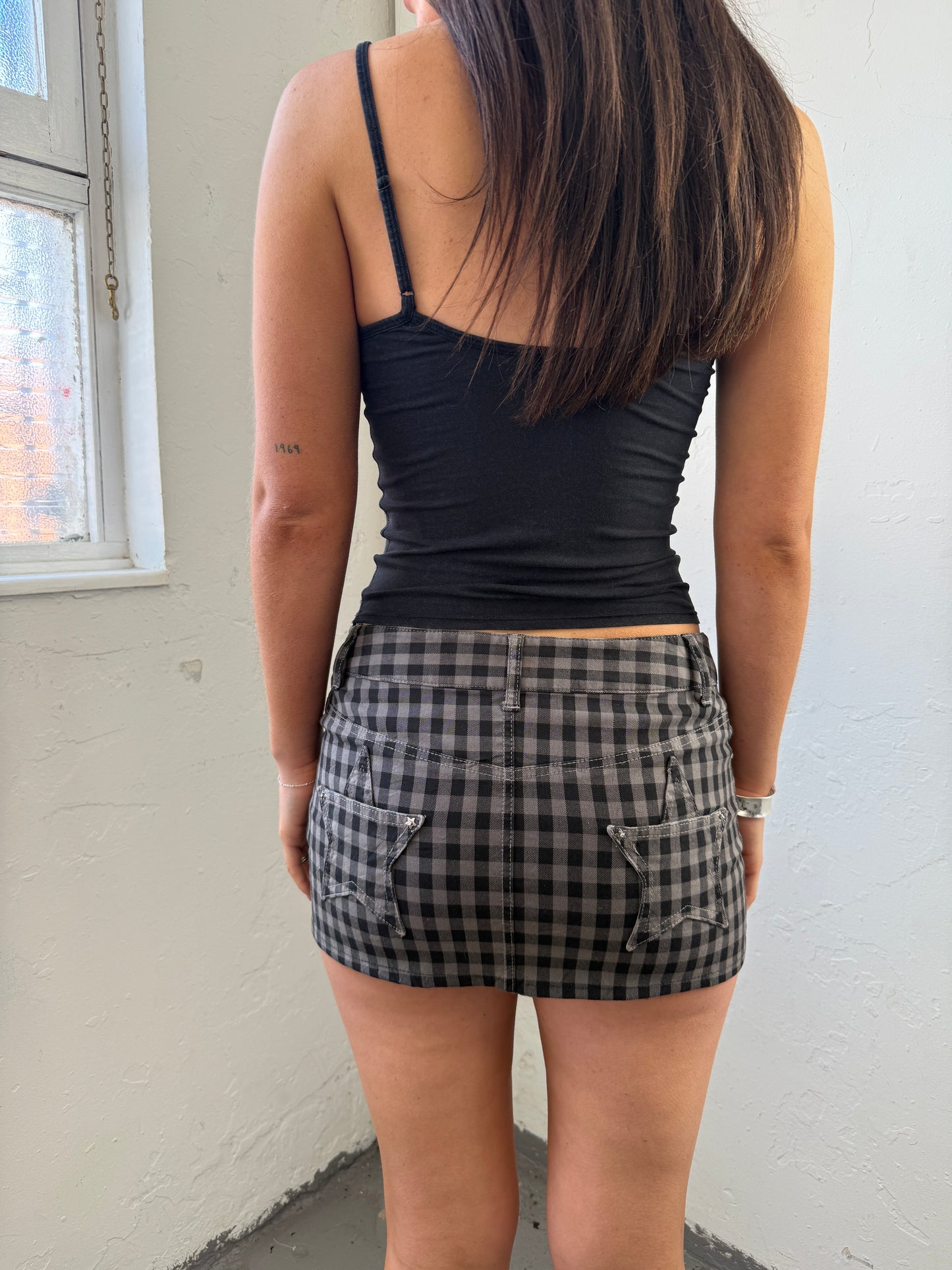 Checkered Black Brown Star Denim Mini Skirt - Size Small