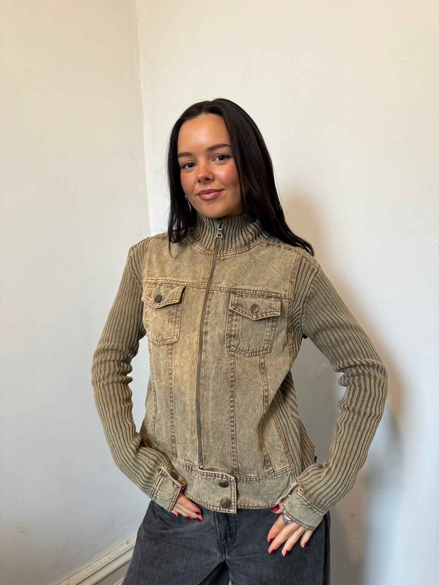 Khaki Wash Zip Up Ribbed Jacket - Size Small