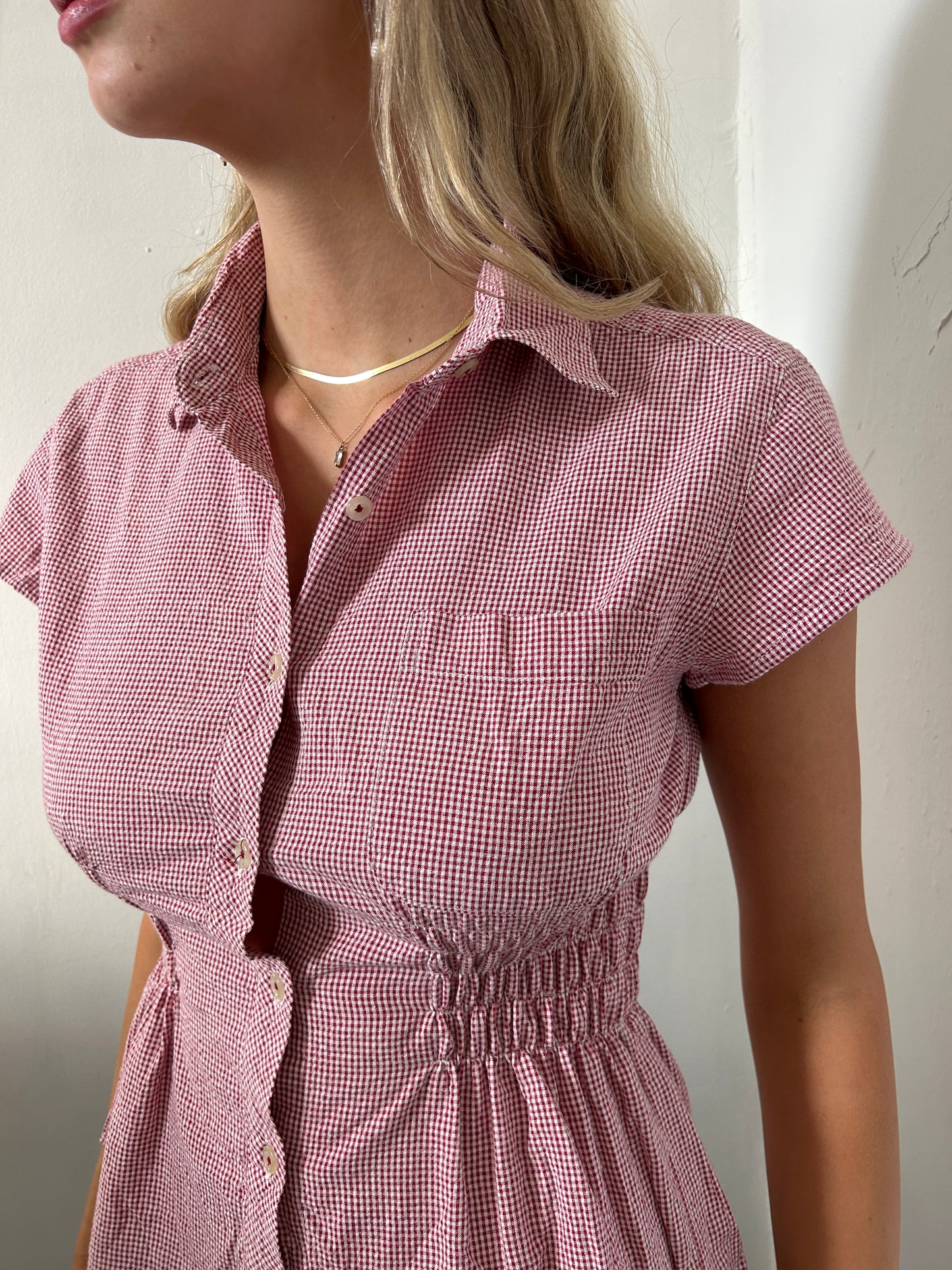 Red White Gingham Reworked Button Up Shirt - Size Small