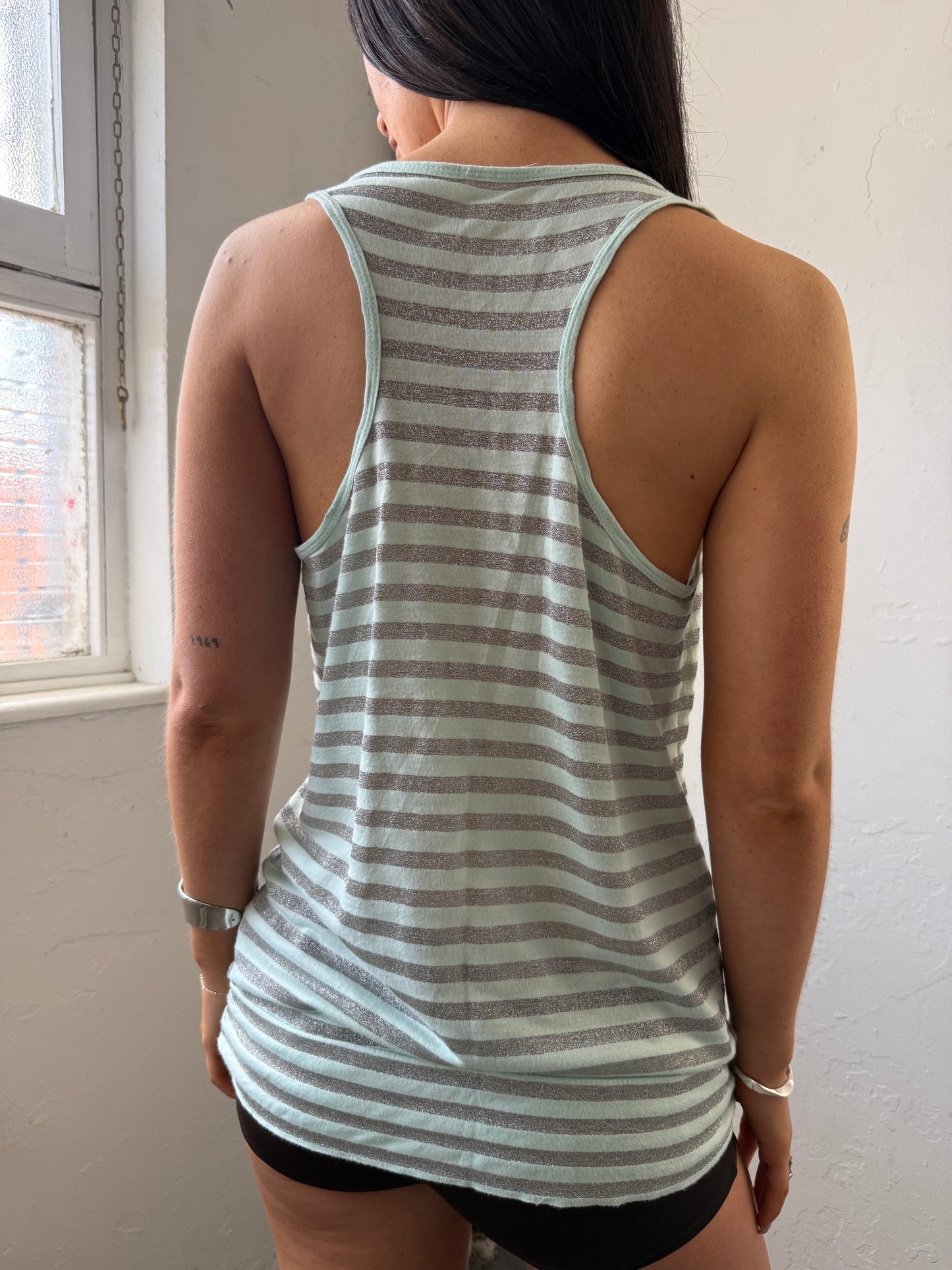 Blue Grey Striper Racer Back Top - Size Medium