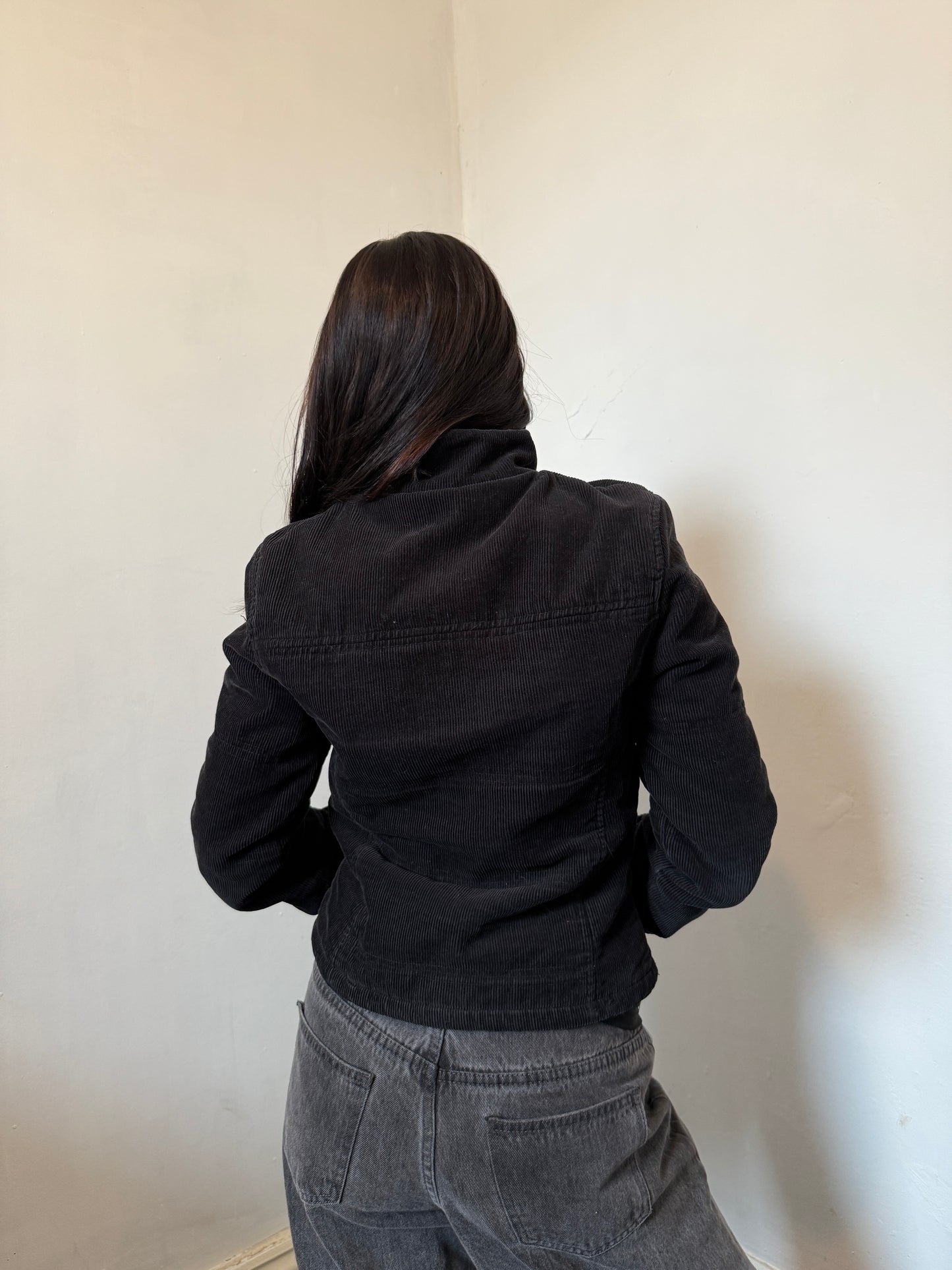 Black Ribbed Fitted Zip Up Jacket - Size Small