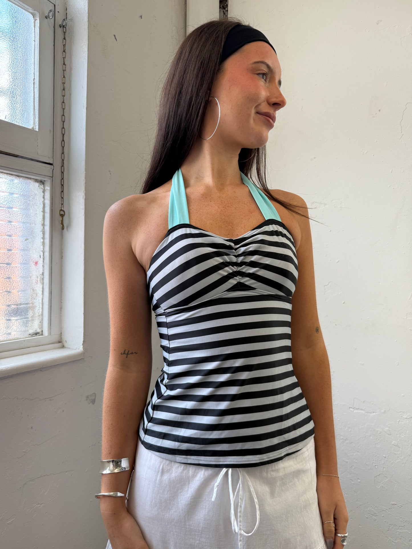Black Grey Blue Striped Halter Neck Top - Size Small