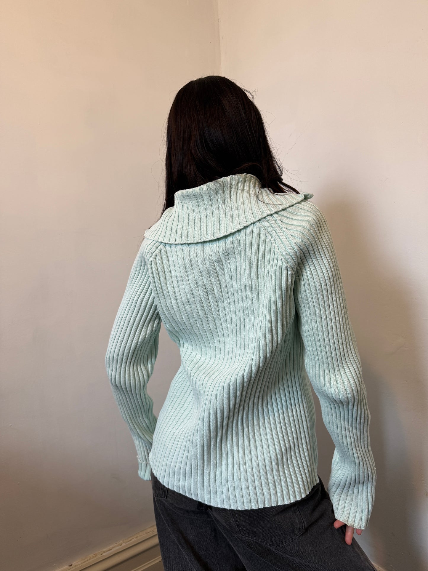 Teal Aquamarine Ribbed Knitted Zip Up Jumper - Size Extra-Large
