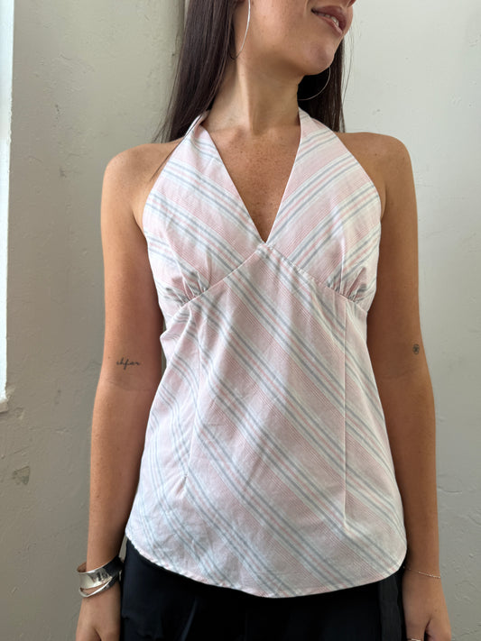 Pink Striped Halter Neck Top - Size 14