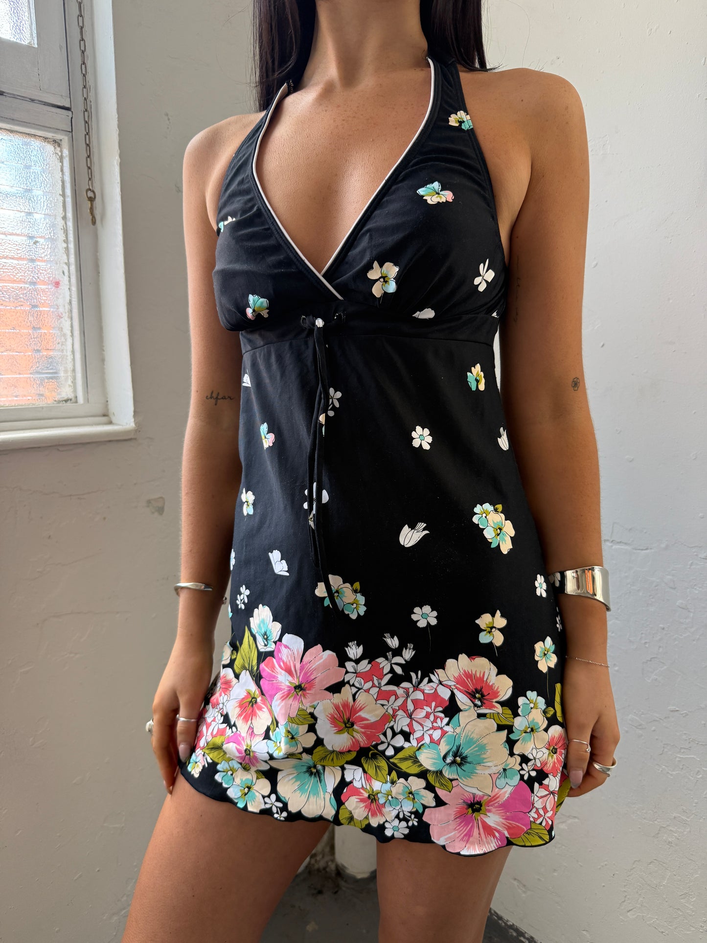 Black White Floral Halter Neck Dress - Size Small