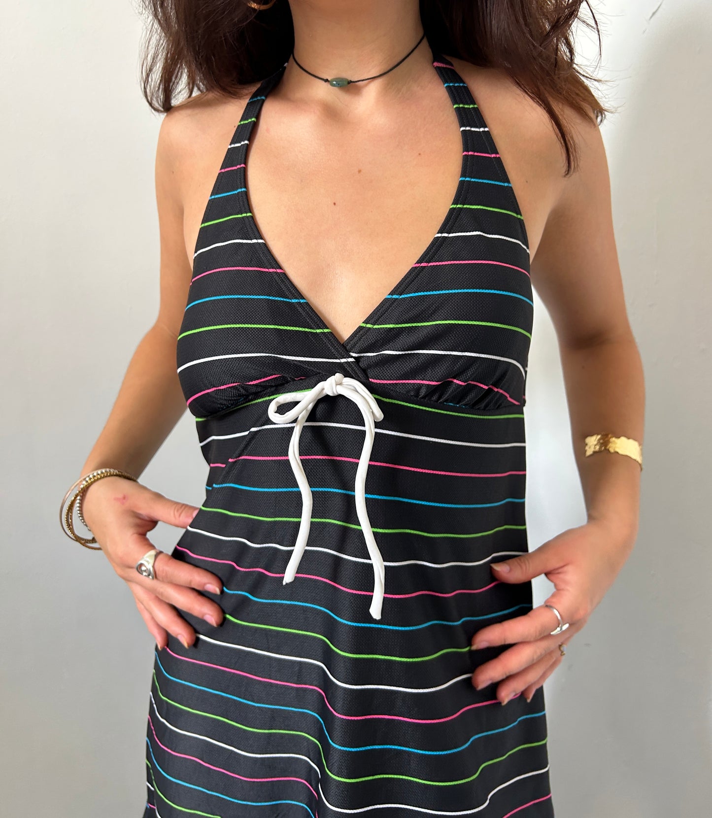 Black Pink Blue Green White Halter Neck Swim Dress - Size Small/Medium