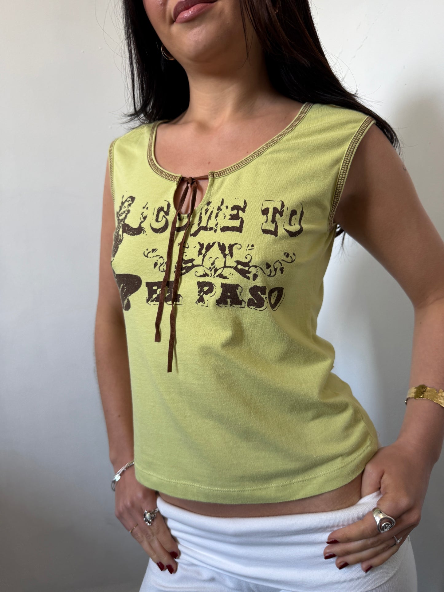Yellow Green Brown Tie Graphic Top - Size Medium