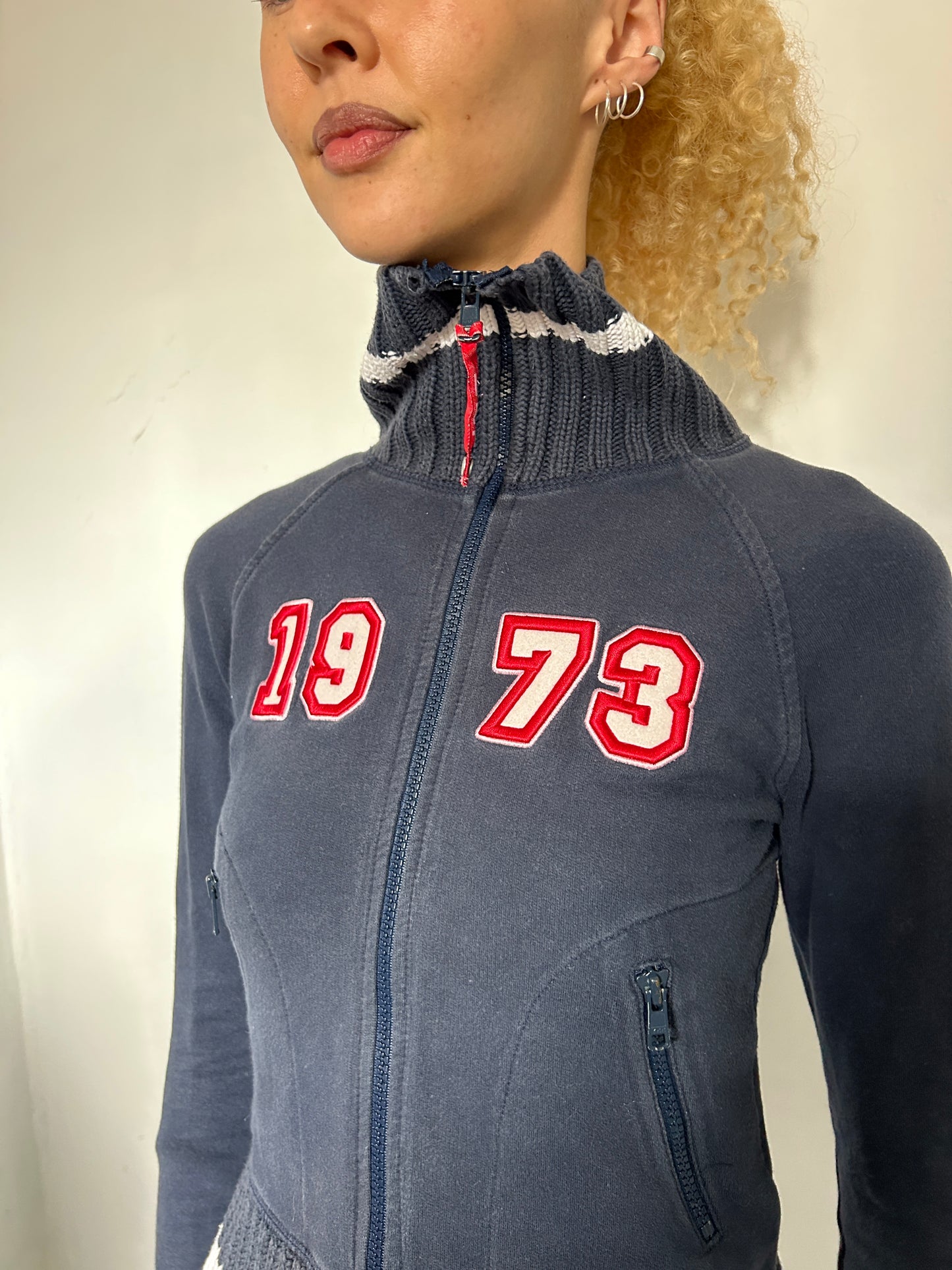 Navy Red White Zip Up Jumper - Size Extra-Small