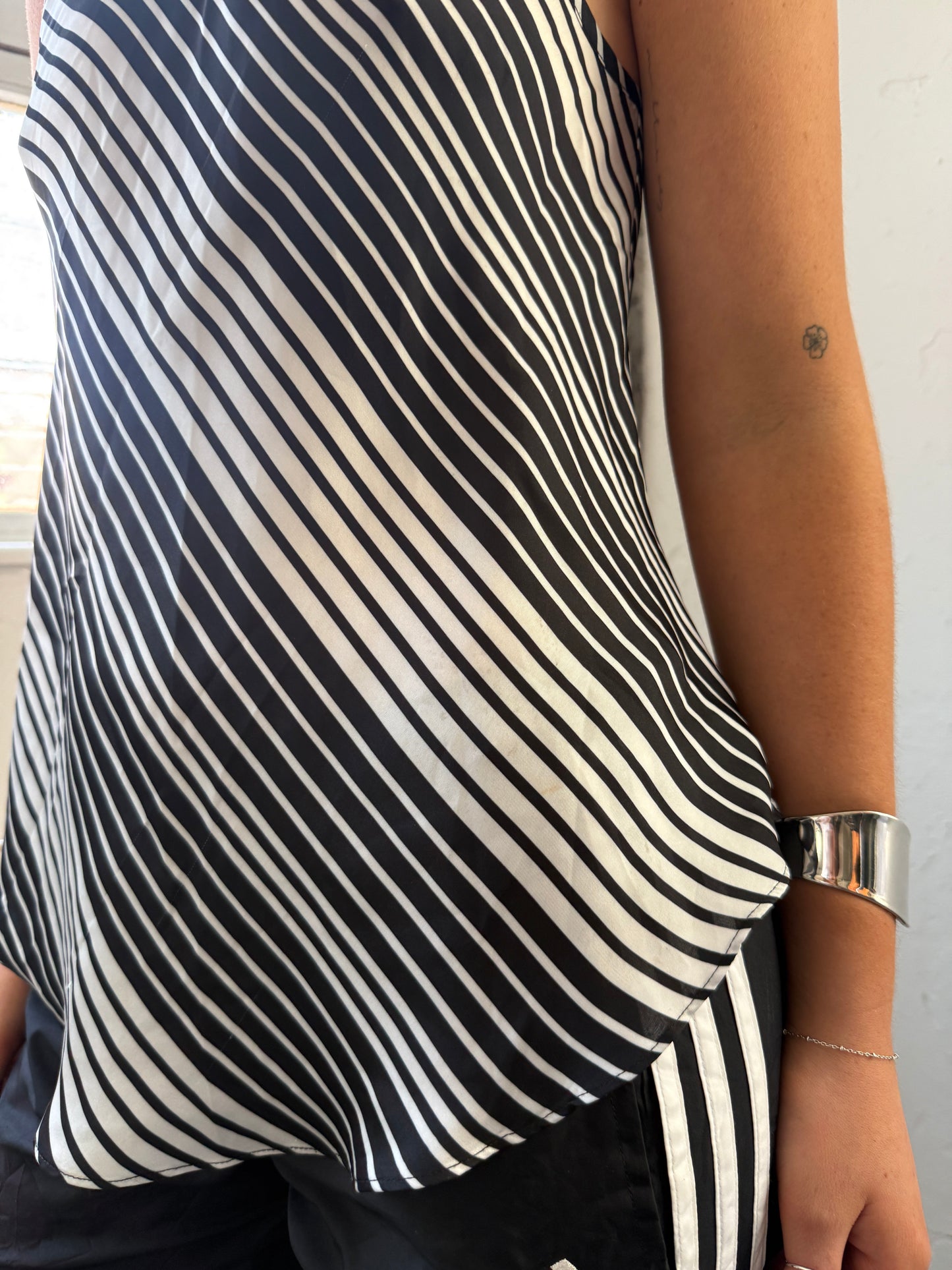 Black White Striped Halter Neck Top - Size Small