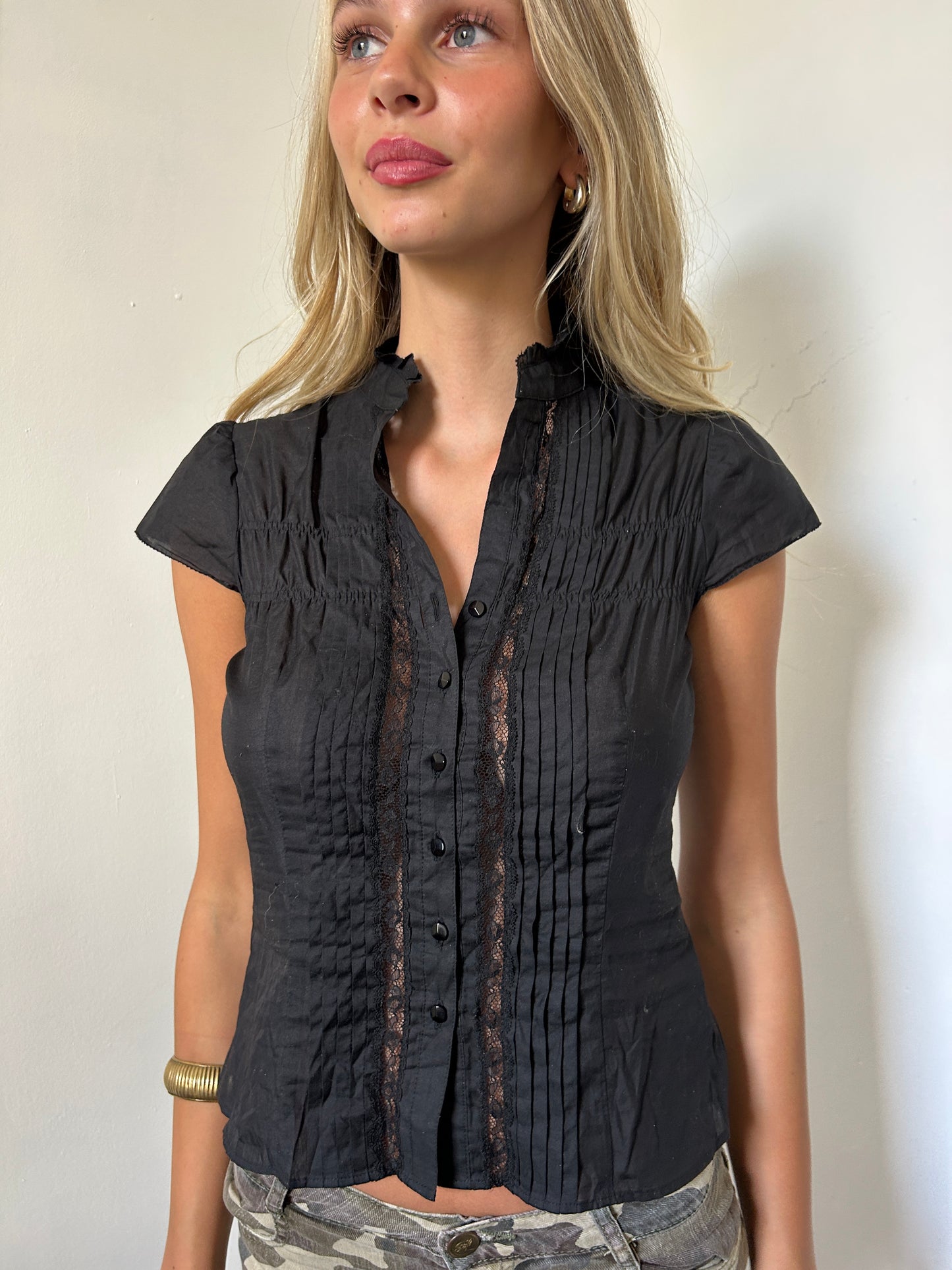 Black ELLE Lace Button Up Shirt - Size Small