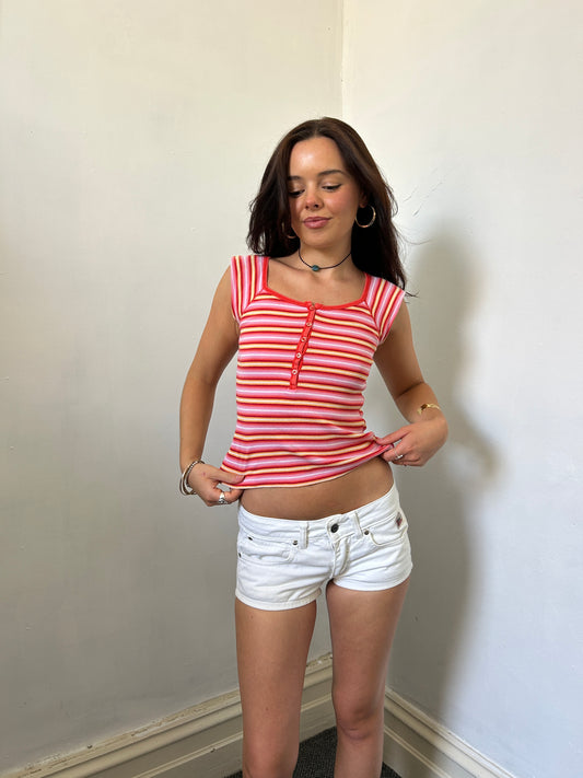 Pink Red Yellow Striped Button Up Top - Size Extra-Small/Small