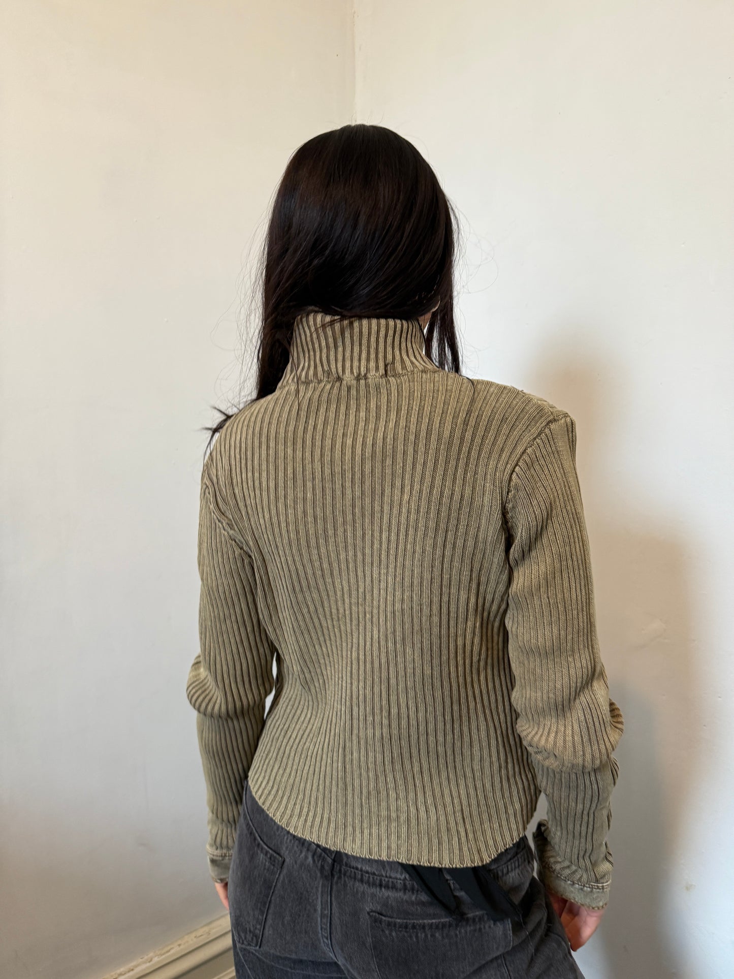 Khaki Wash Zip Up Ribbed Jacket - Size Small