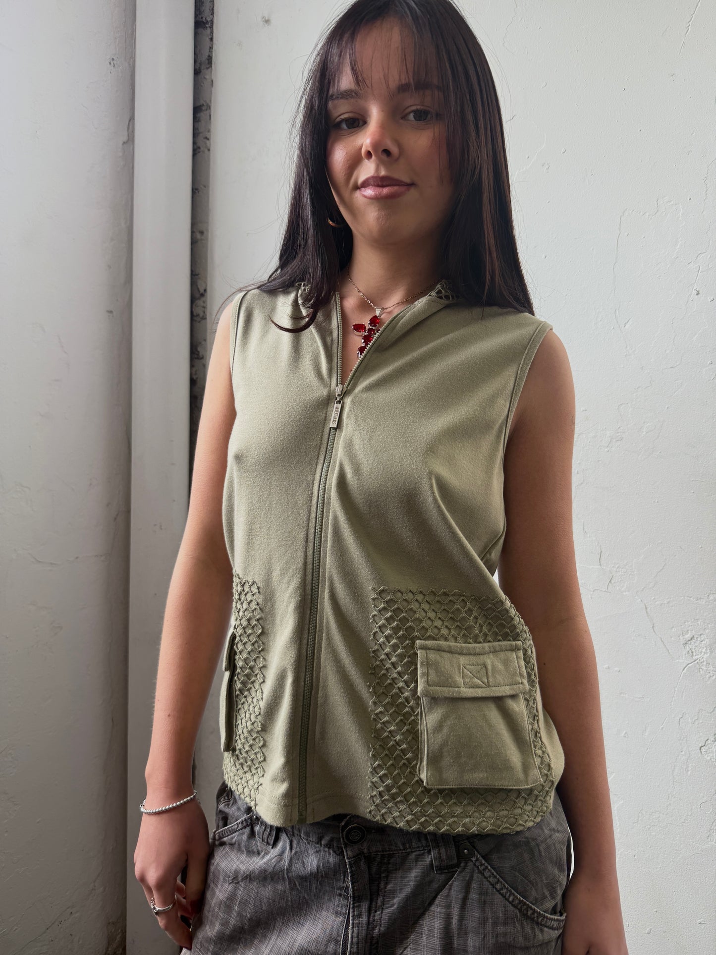 Green Mesh Hooded Zip Up Top - Size Medium