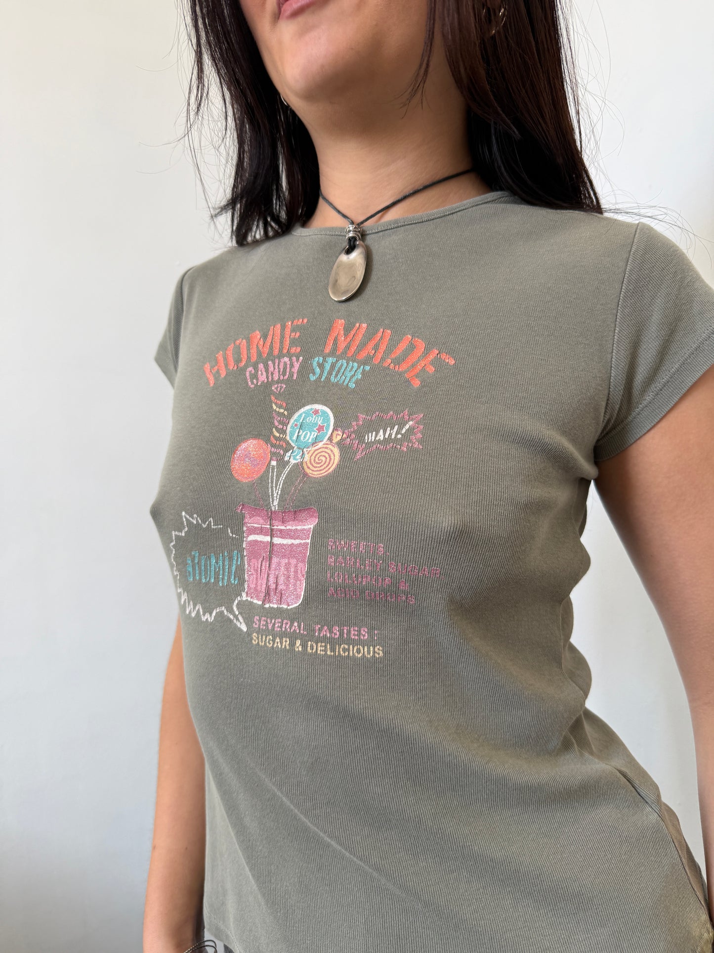 Khaki Green Graphic Baby Tee - Size Extra Small