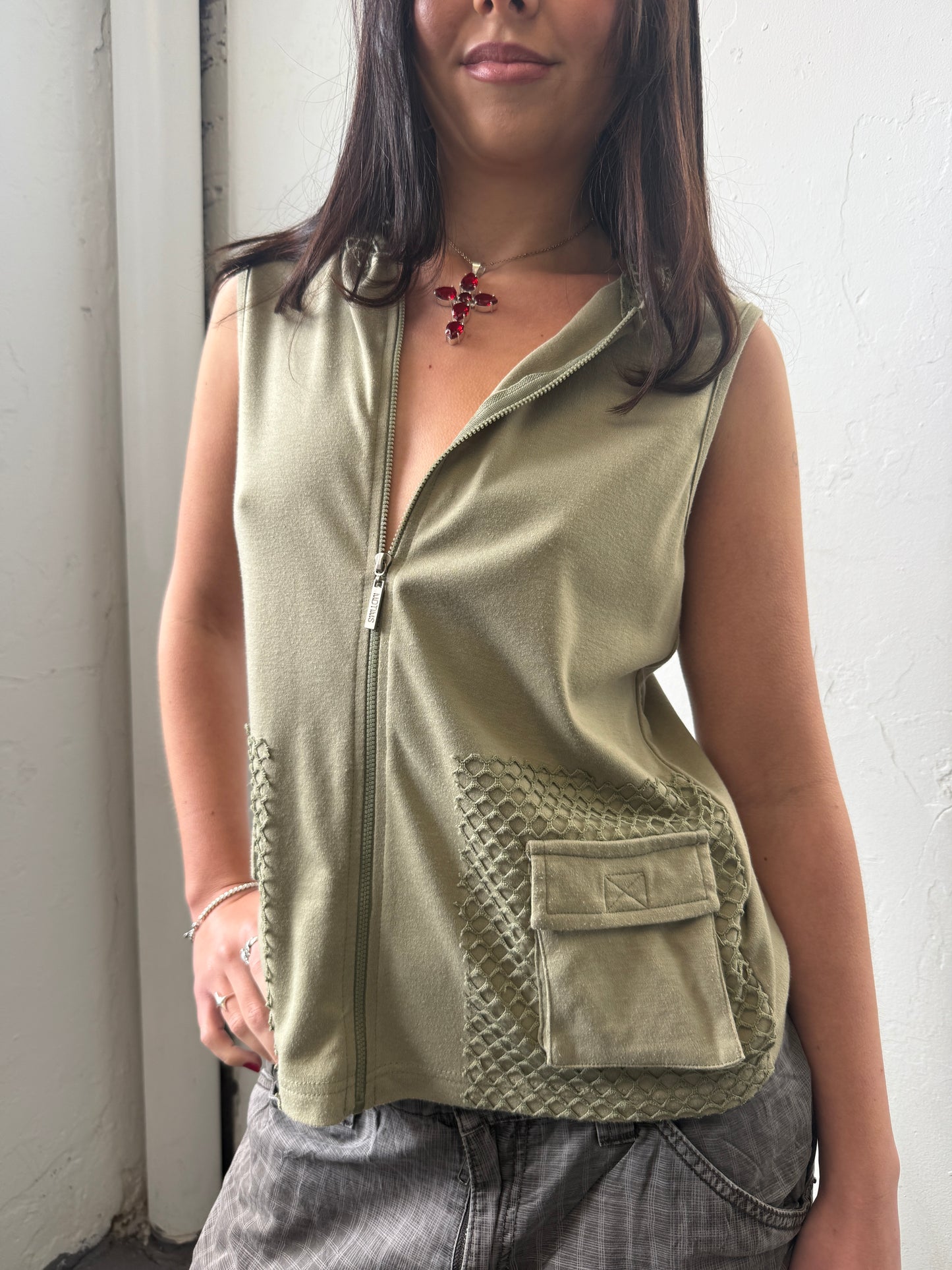 Green Mesh Hooded Zip Up Top - Size Medium