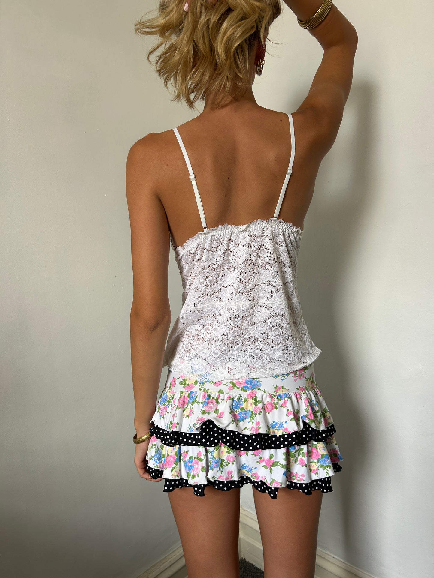 White Floral Polka Dot Mini Swim Skirt - Size Medium