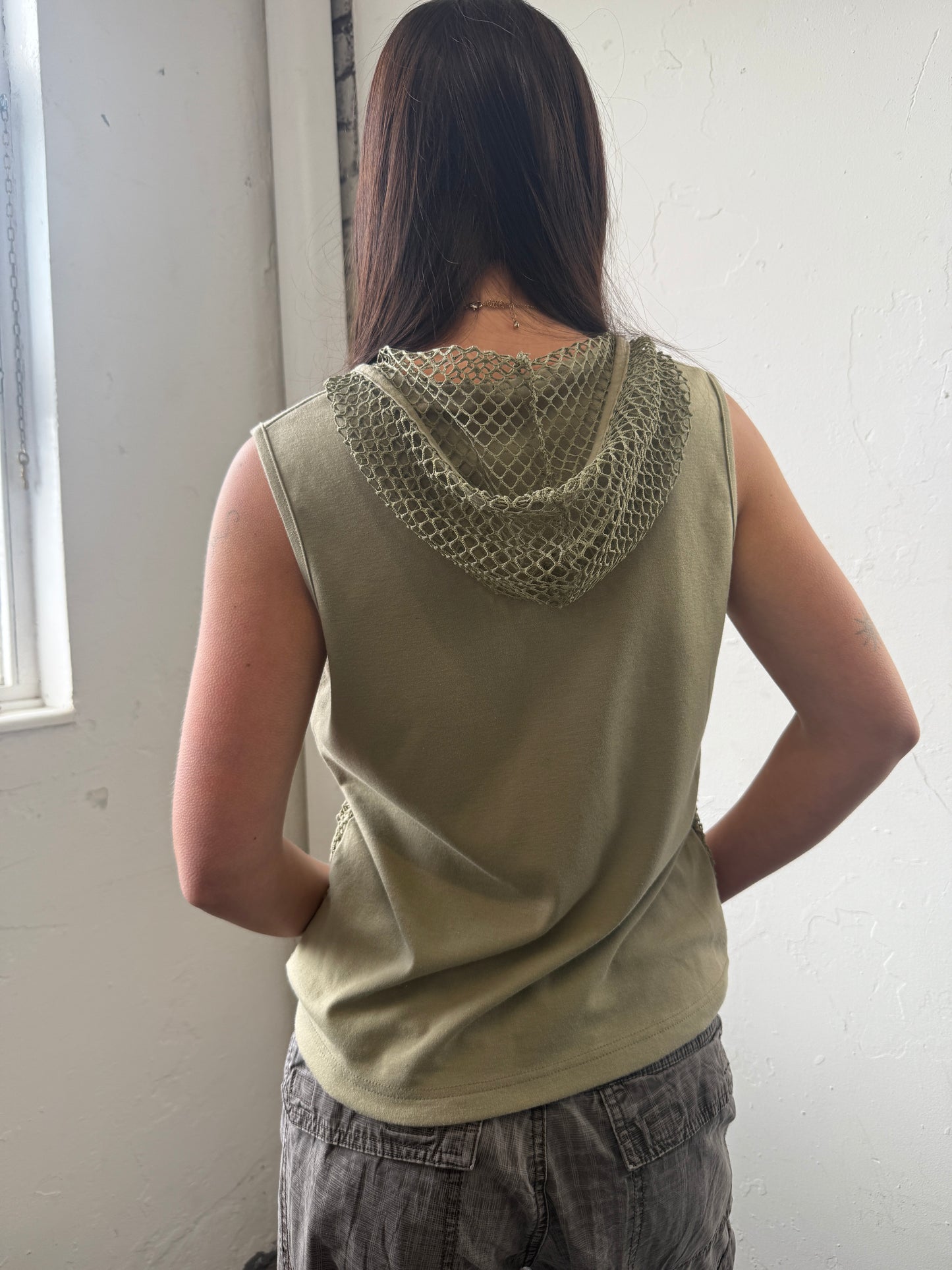 Green Mesh Hooded Zip Up Top - Size Medium