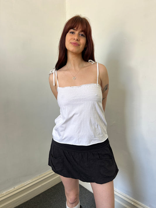 White Cotton Tie Ruched Cami Top - Size Small