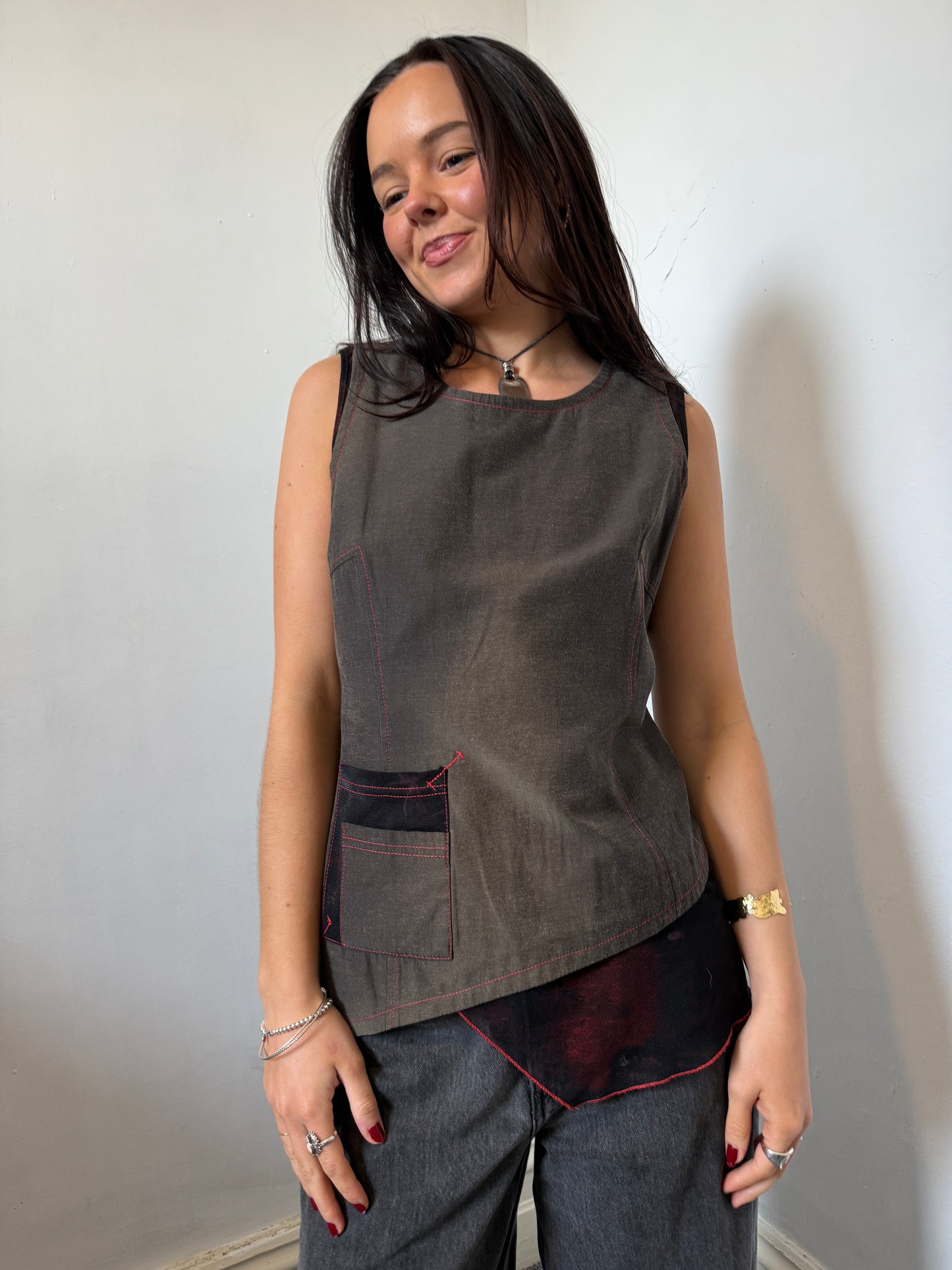 Asymmetrical Dark Khaki Washed Red Stitching Top - Size Medium