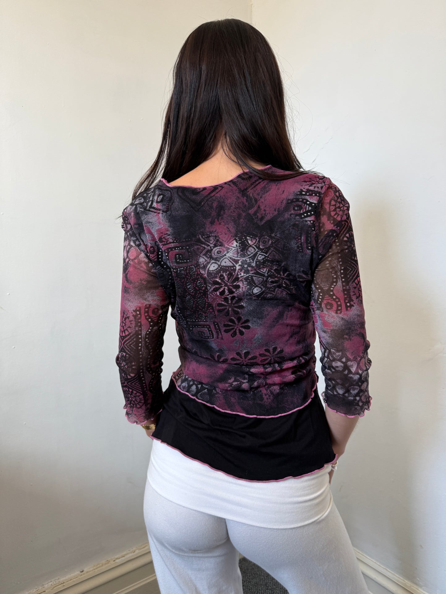 Pink Black 3/4 Length Mesh Top - Size Small