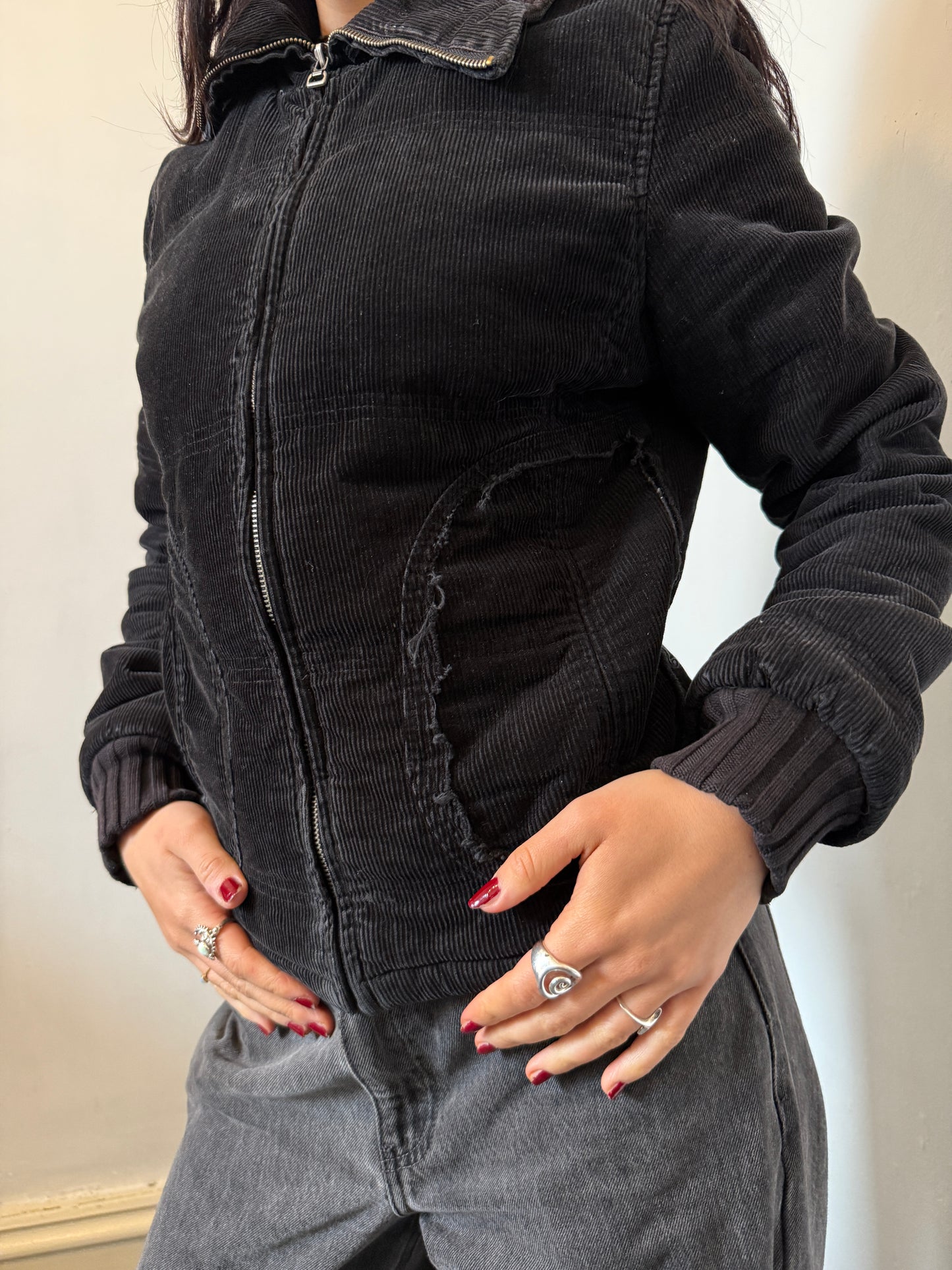 Black Ribbed Fitted Zip Up Jacket - Size Small