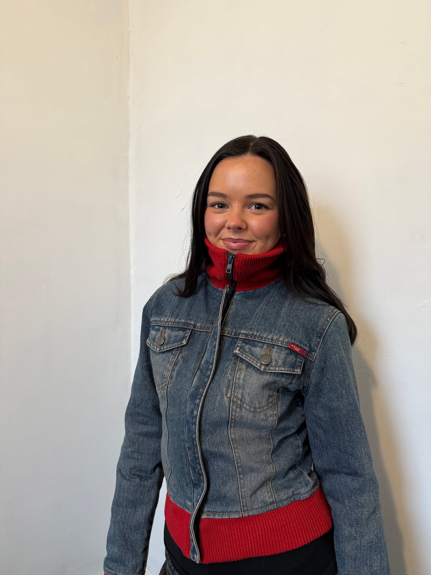 Denim Red Zip Up Jacket - Size Small
