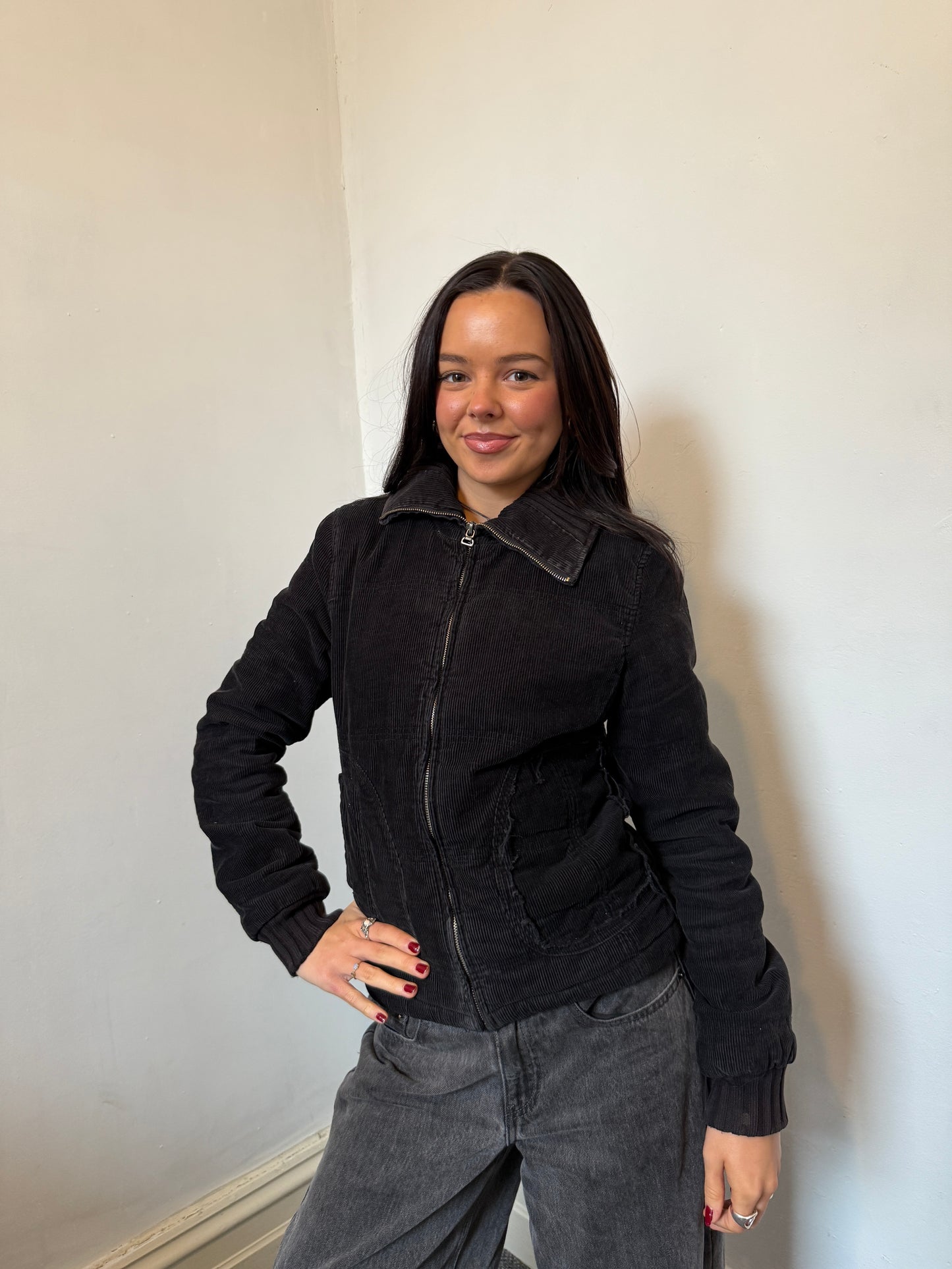 Black Ribbed Fitted Zip Up Jacket - Size Small
