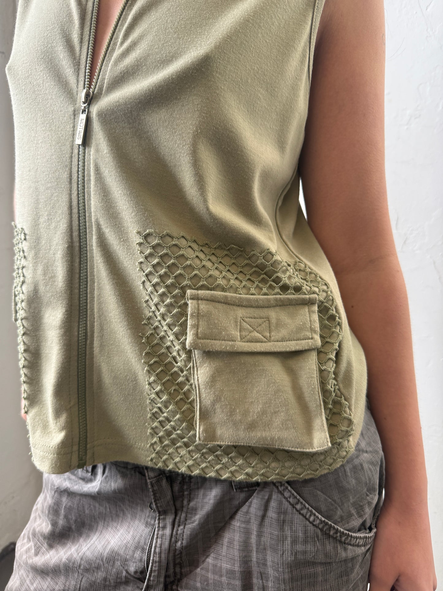 Green Mesh Hooded Zip Up Top - Size Medium