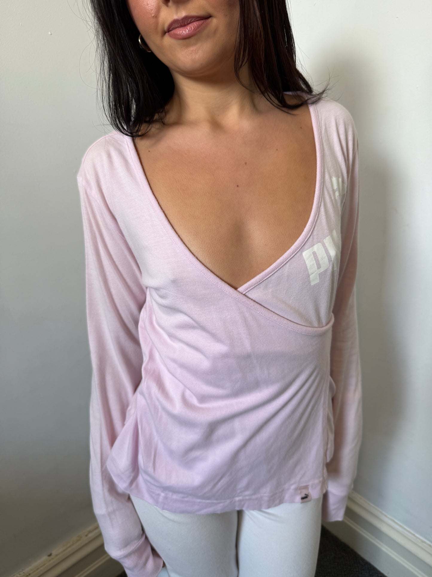 Pink White Puma Long Sleeve Wrap Top - Size Medium