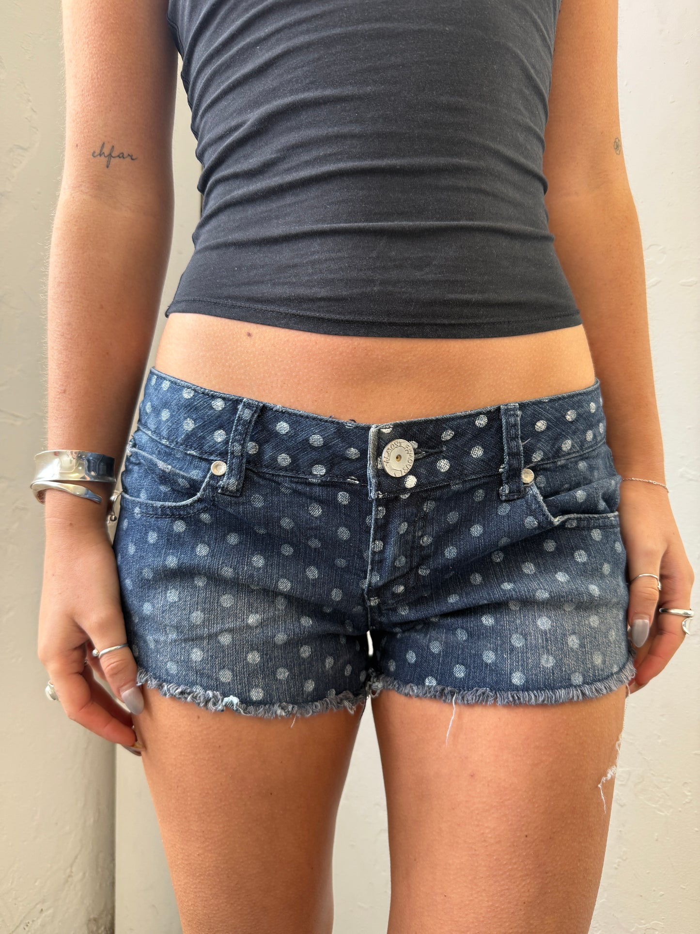 Polka Dot Denim Mini Shorts - Size 8