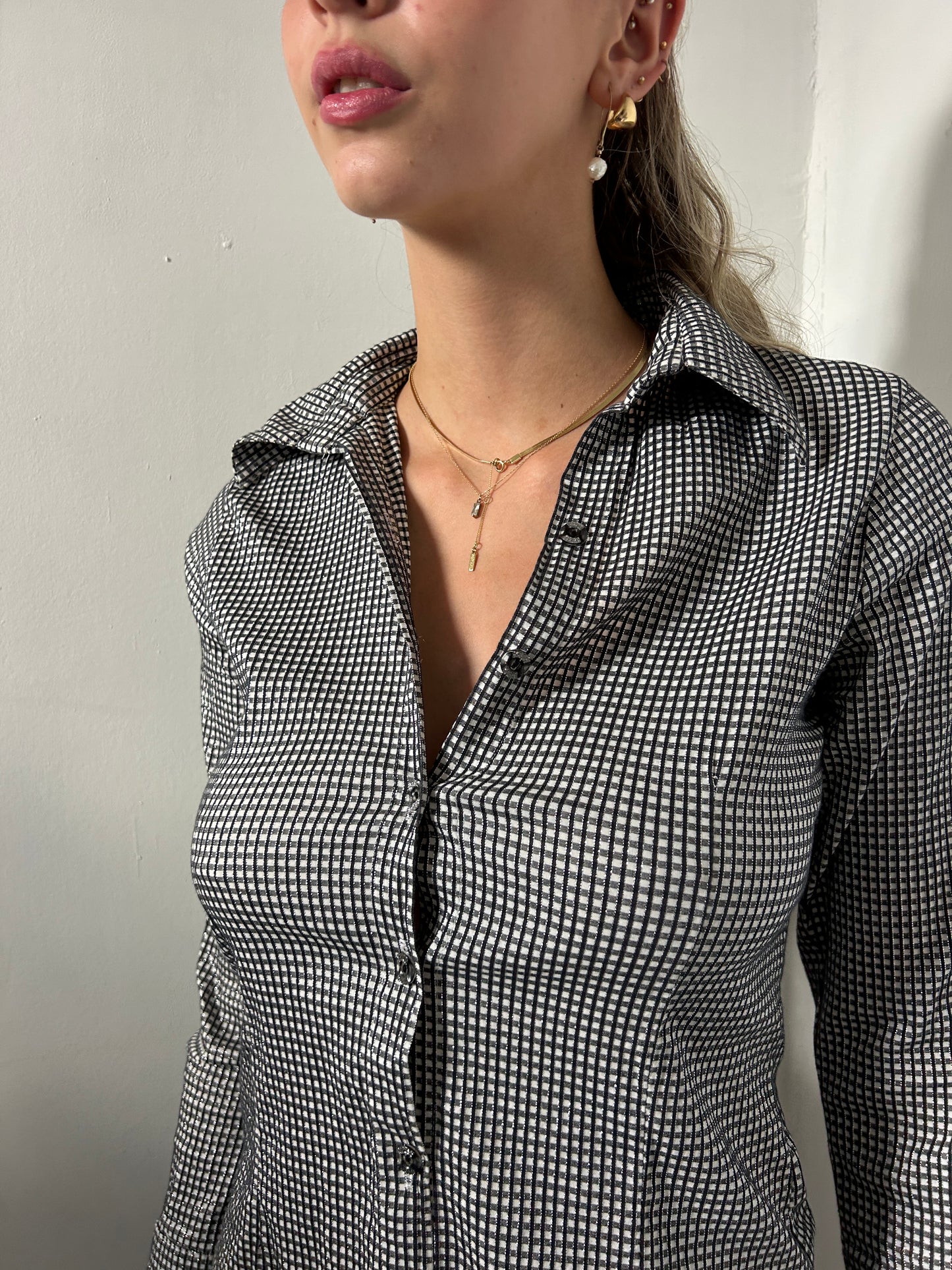 Black White Checkered Sparkle Button Up Shirt - Size Small