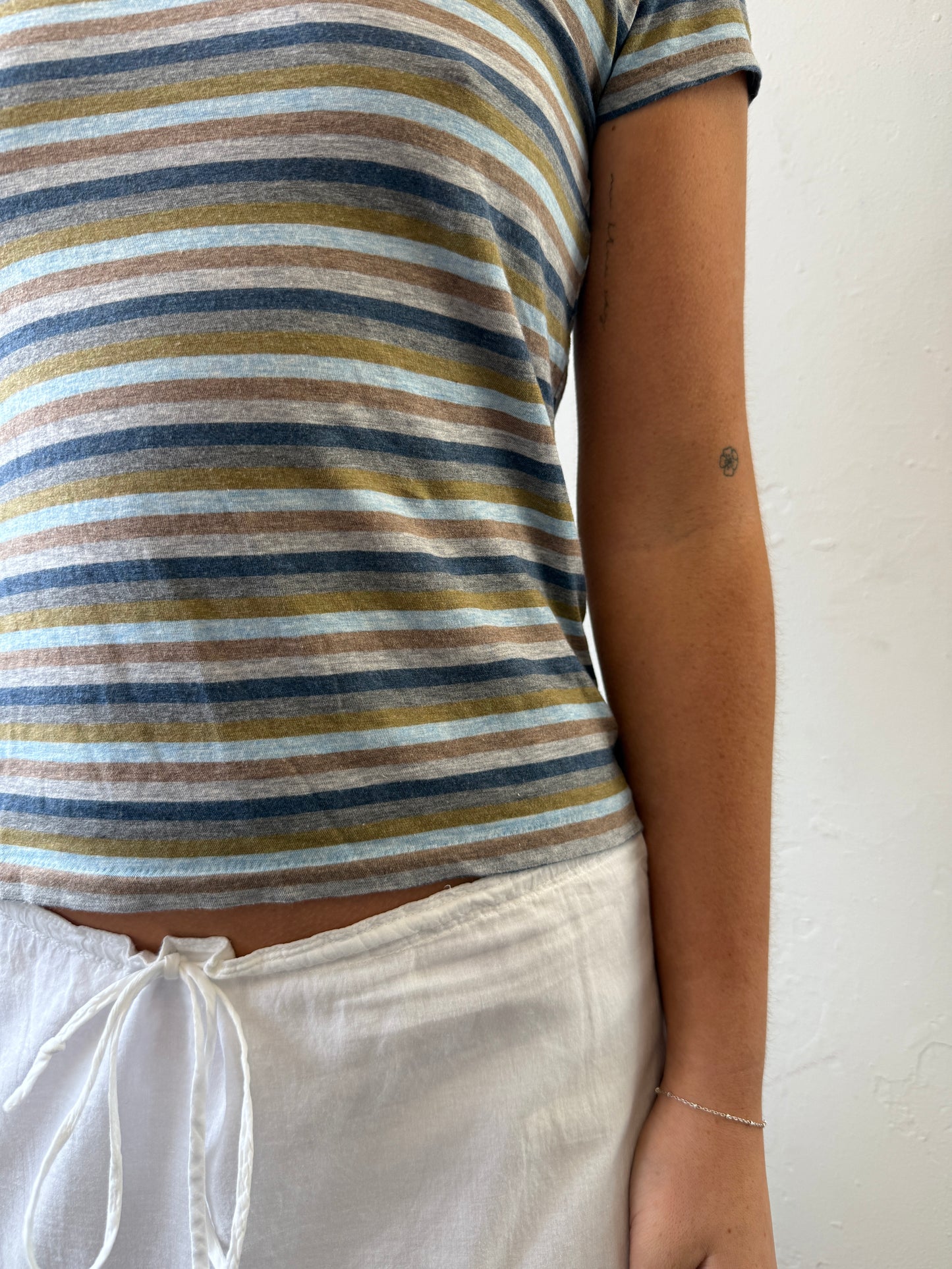 Striped Blue Green Brown V Neck Tee - Size Small